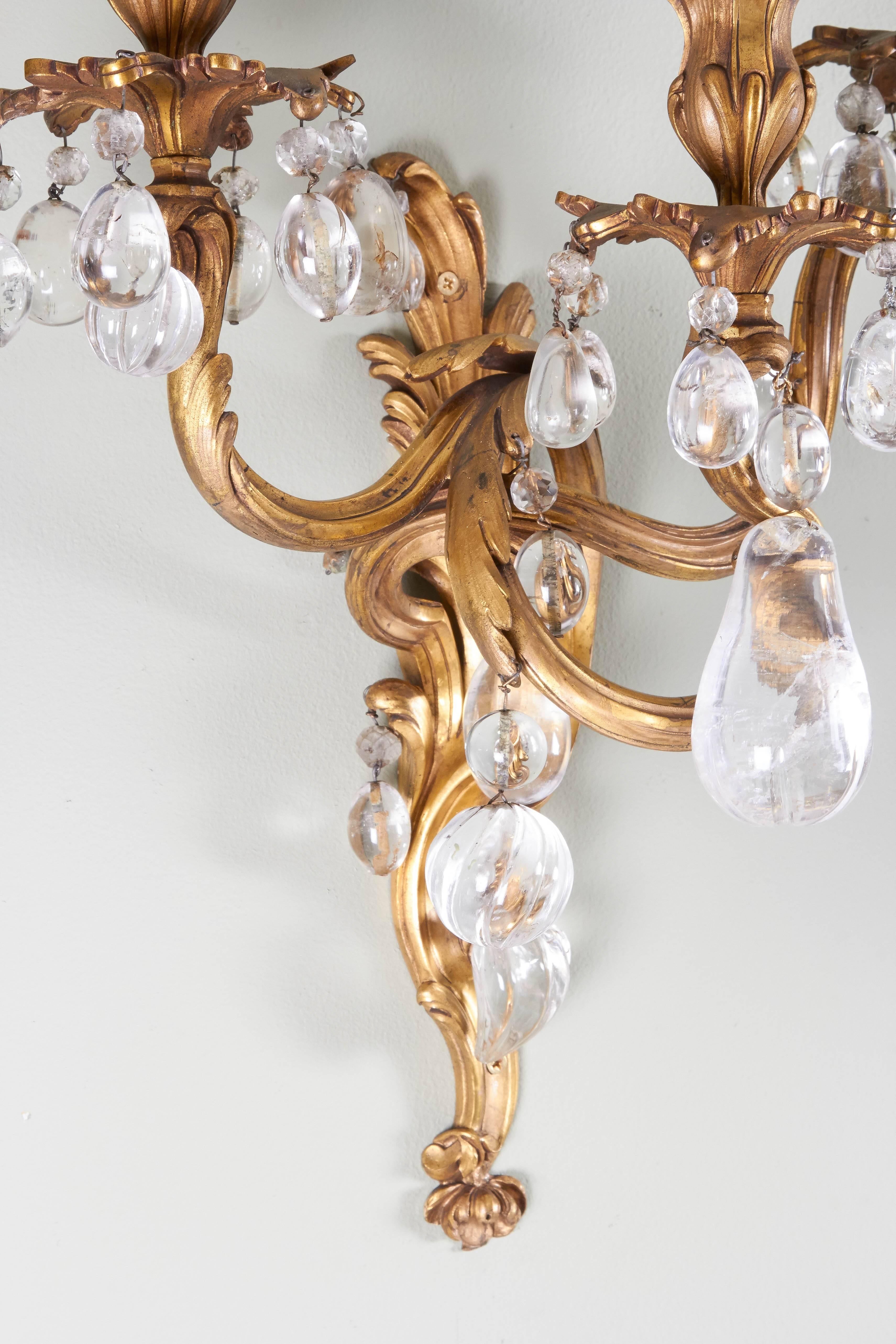 A Pair of Louis XV Style Bronze Dore and Rock Crystal Sconces  For Sale 3