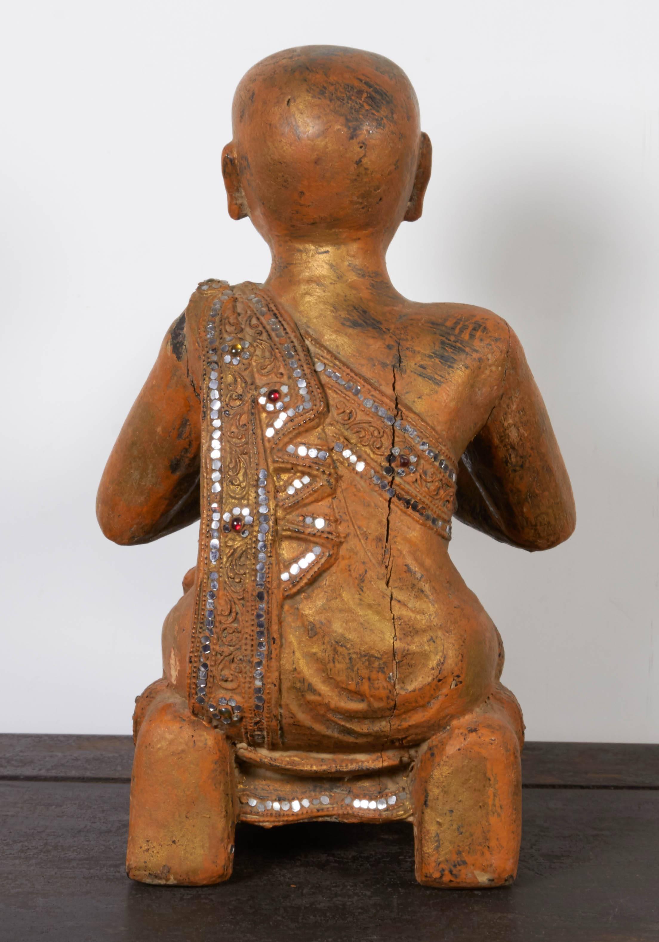 Burmese Serene Antique Praying Monk in Kneeling Position, from Burma For Sale