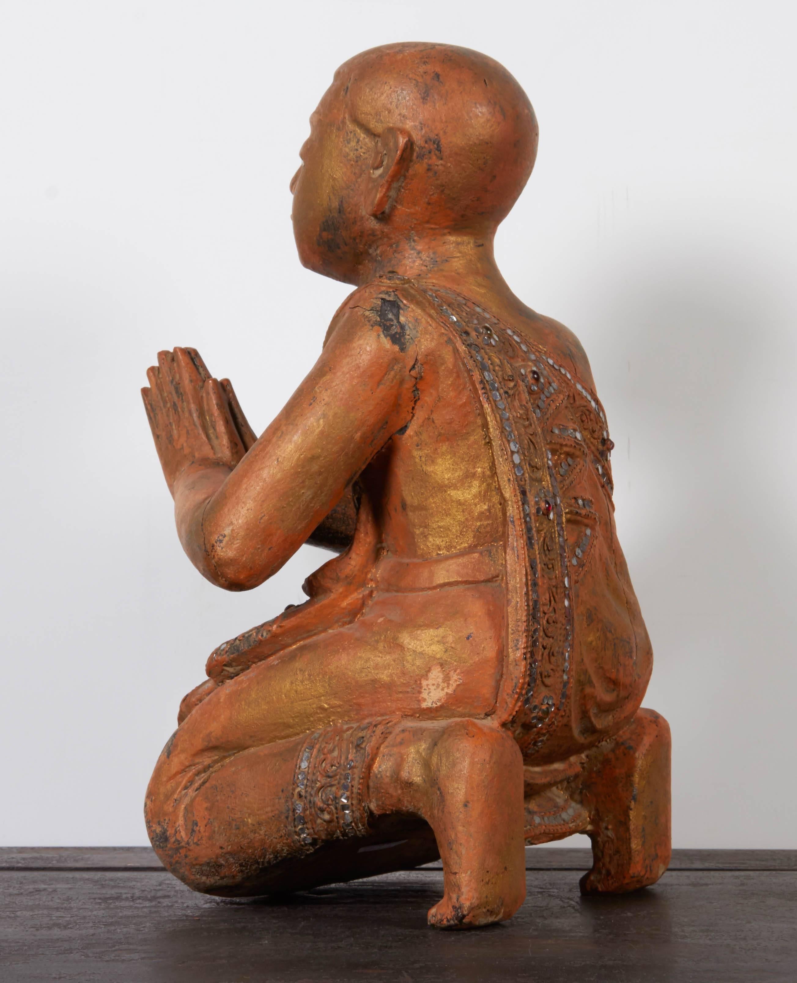 20th Century Serene Antique Praying Monk in Kneeling Position, from Burma For Sale
