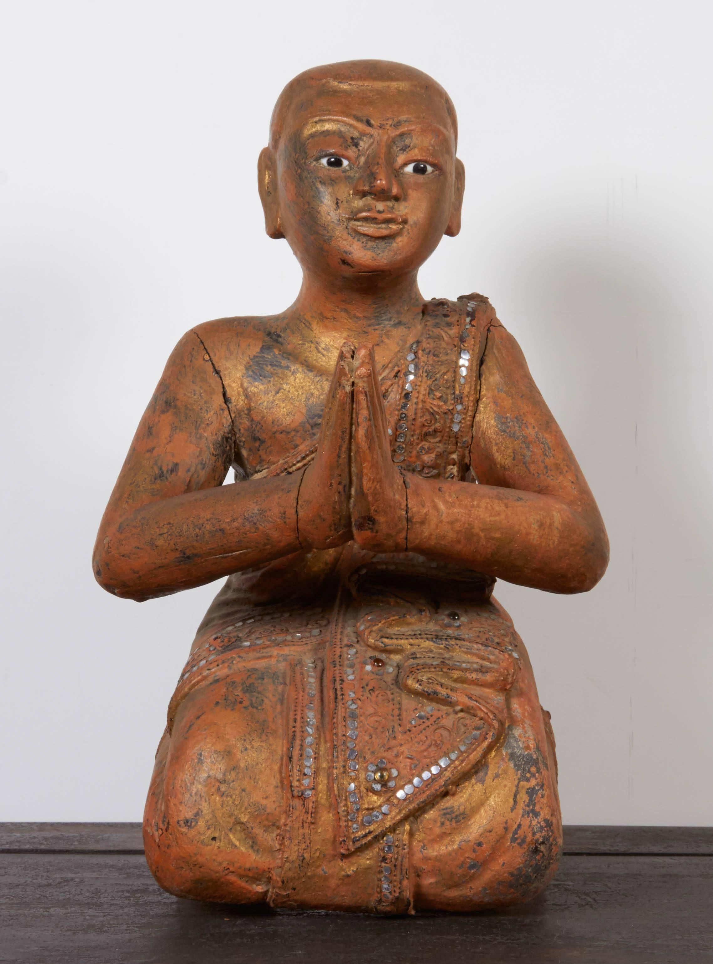 Wood Serene Antique Praying Monk in Kneeling Position, from Burma For Sale