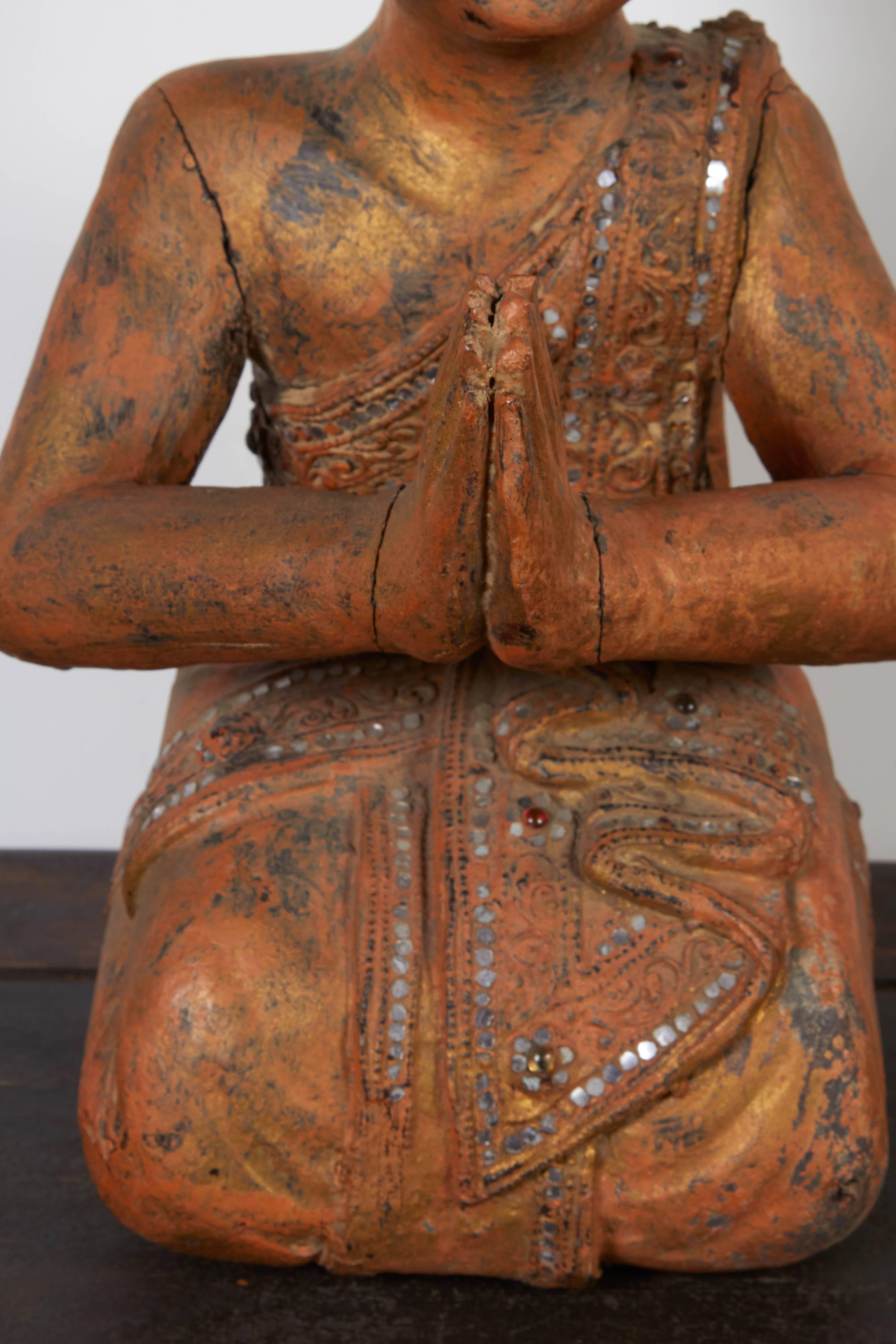 Serene Antique Praying Monk in Kneeling Position, from Burma For Sale 1