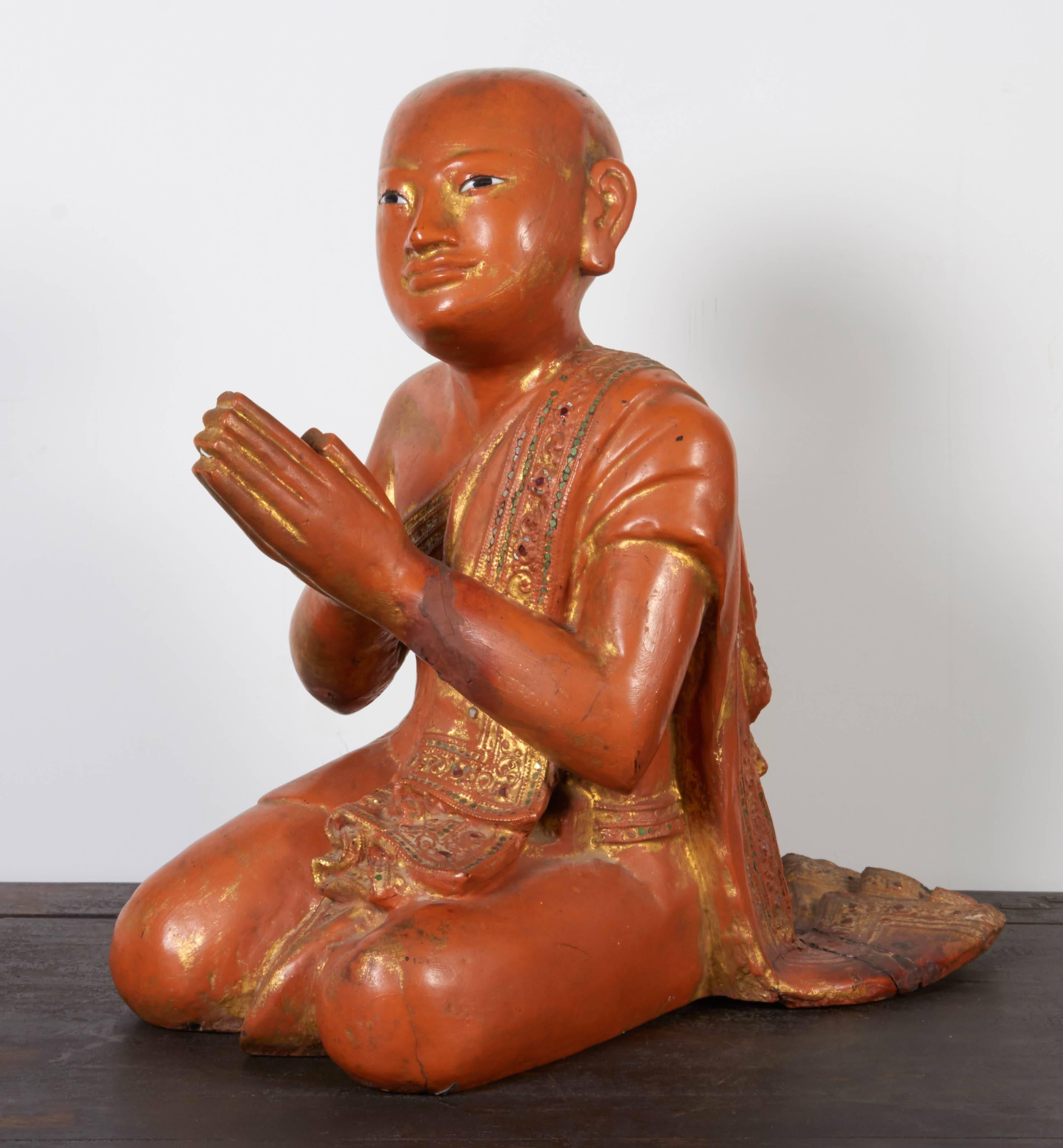 20th Century Finely Carved Antique Burmese Praying Monk