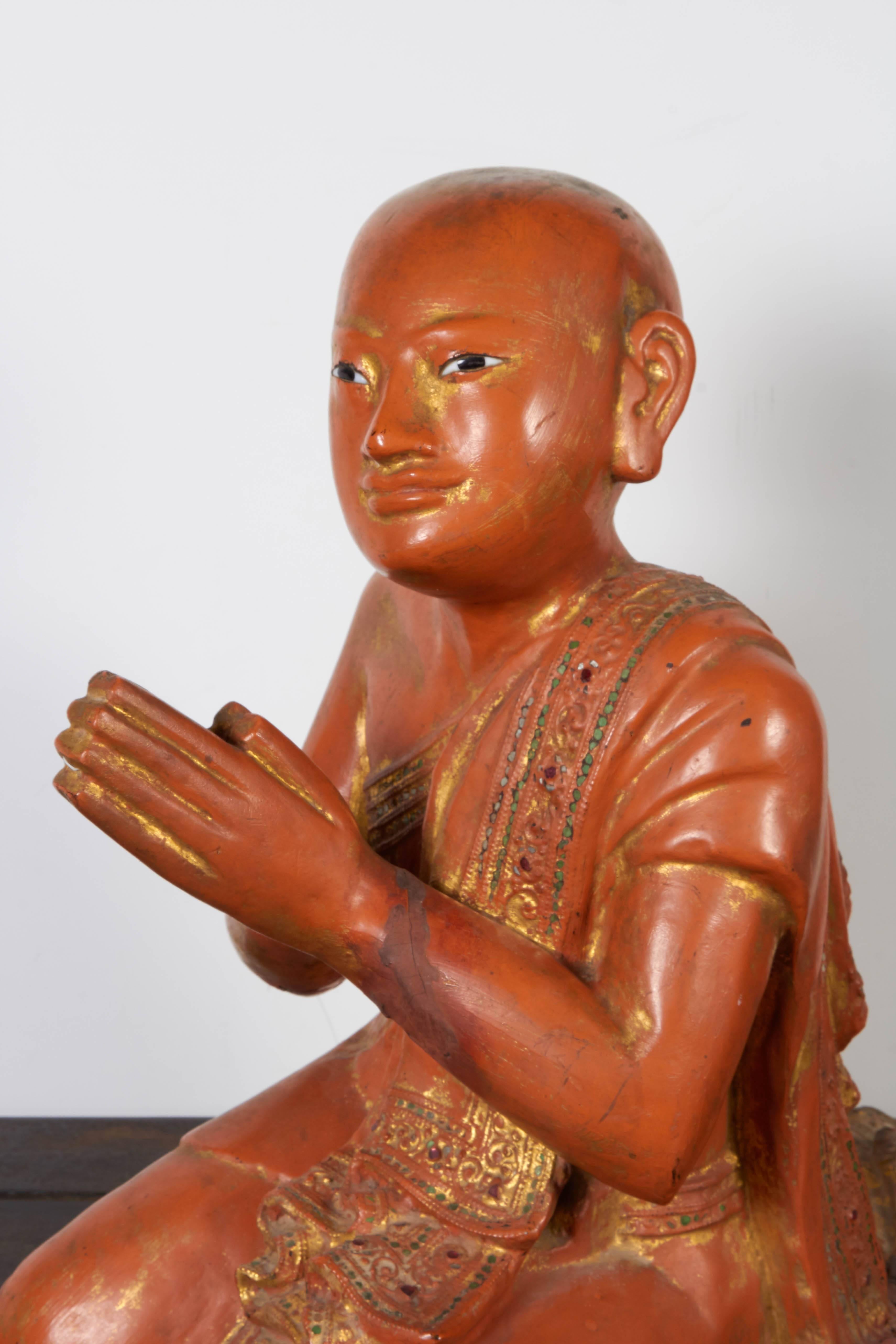 Wood Finely Carved Antique Burmese Praying Monk