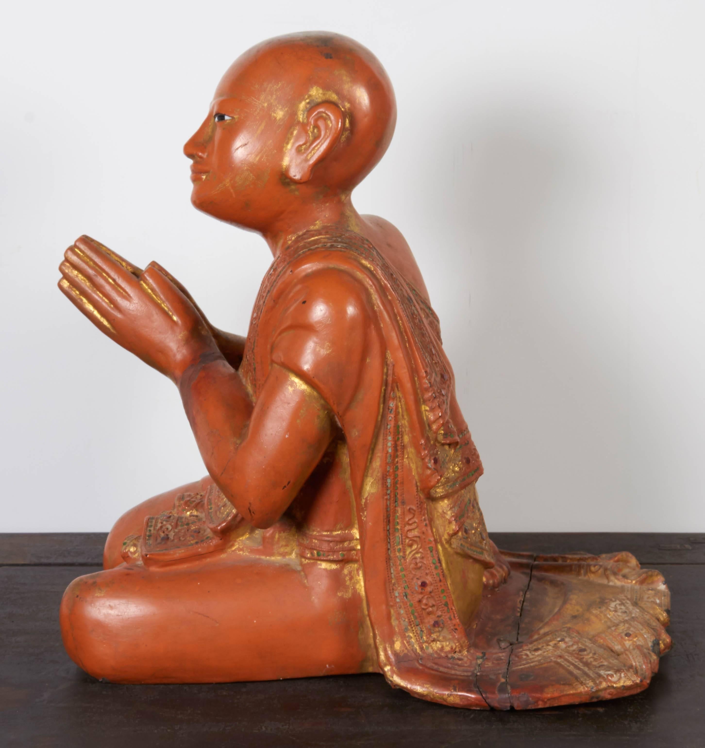 Finely Carved Antique Burmese Praying Monk 1
