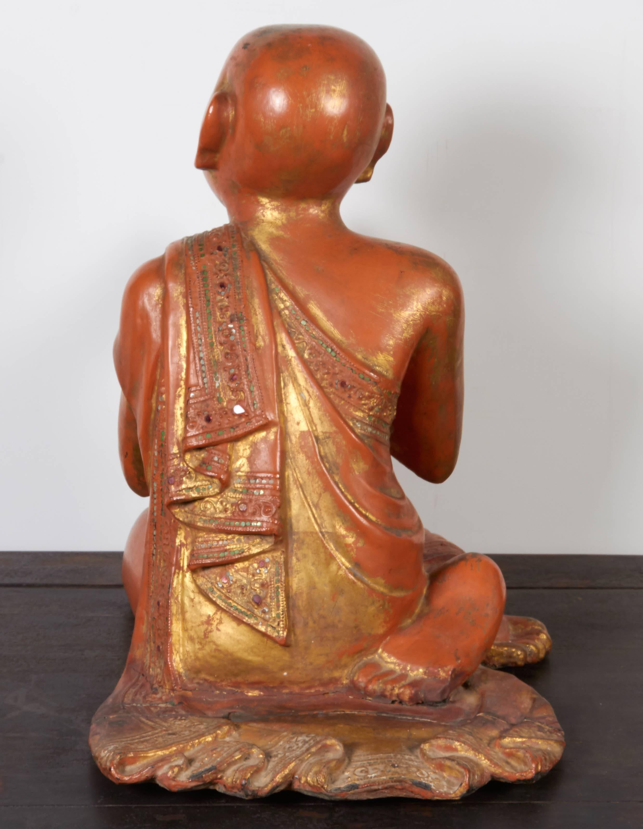 Finely Carved Antique Burmese Praying Monk 2