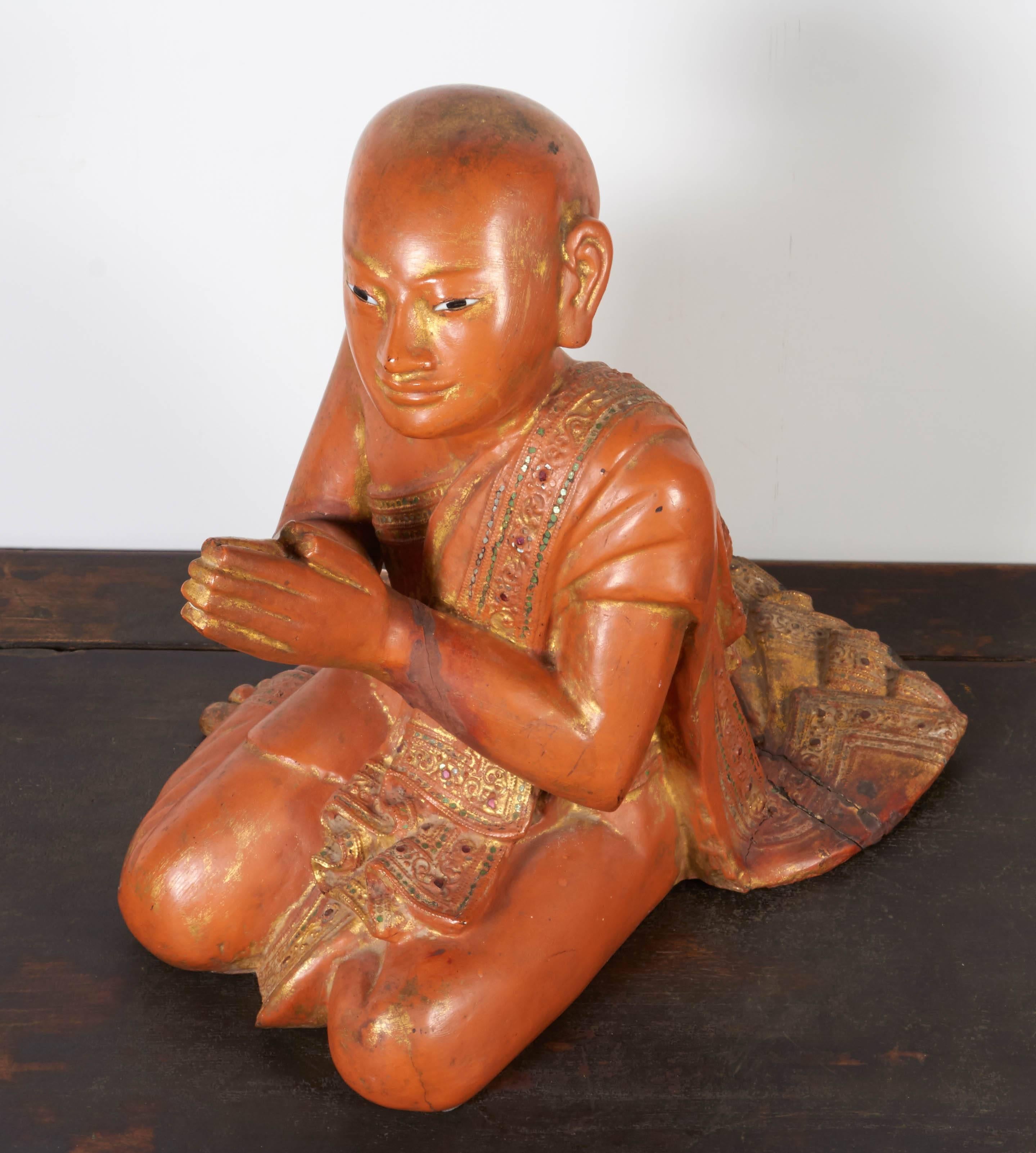 Finely Carved Antique Burmese Praying Monk 4