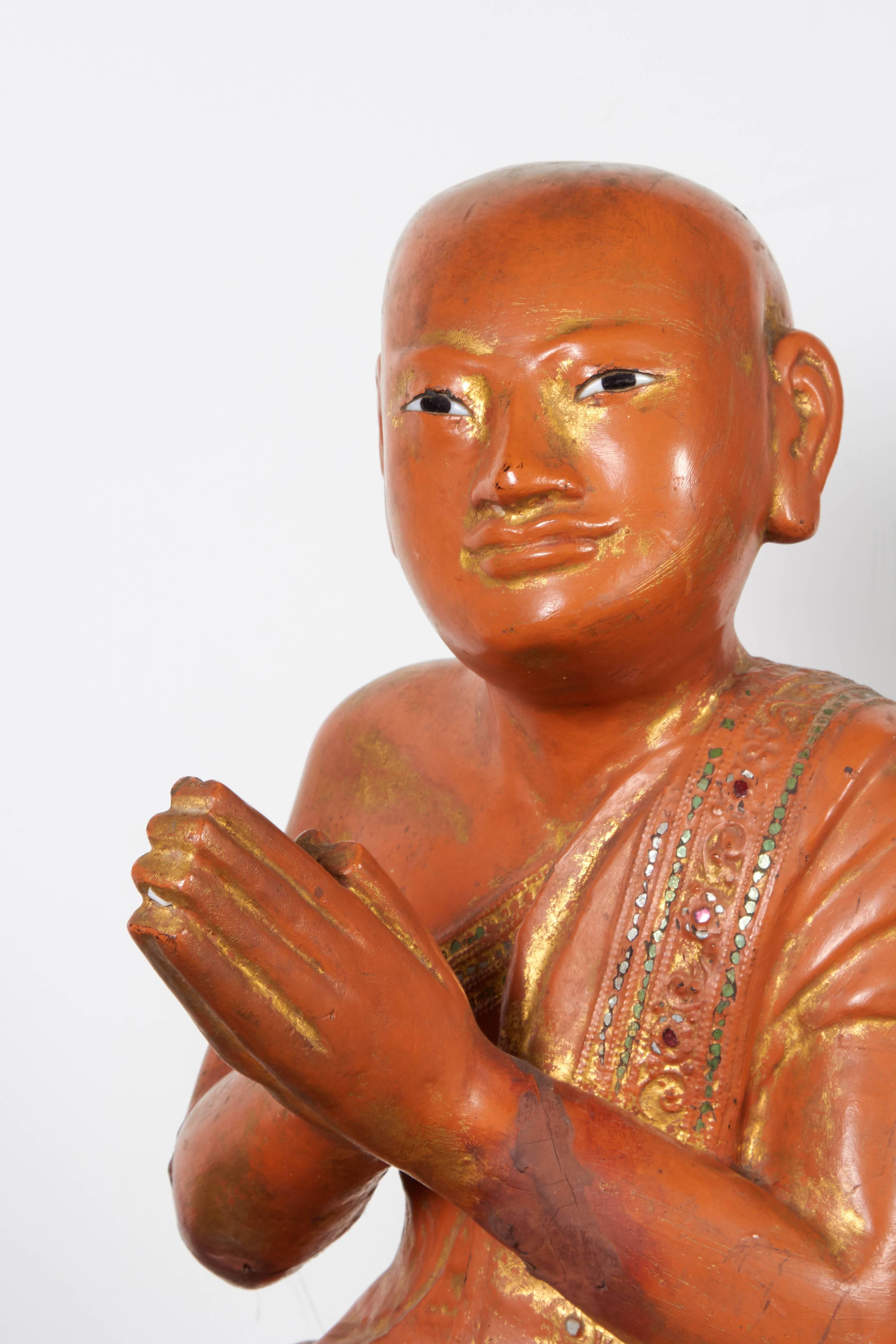 Finely Carved Antique Burmese Praying Monk 5