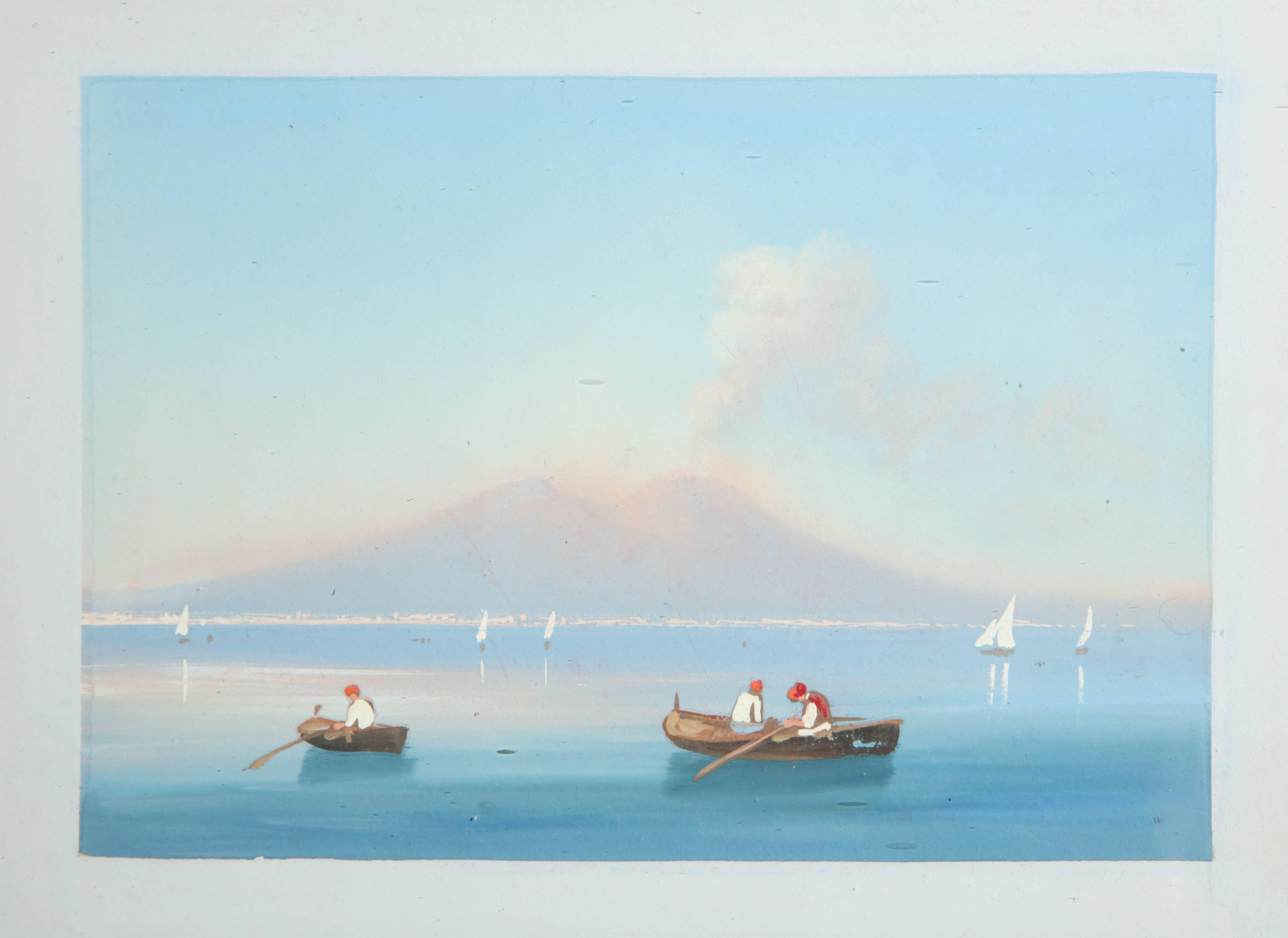 19th century Italian Gouache of Vesuvius in a hardwood frame. Bay of Naples.