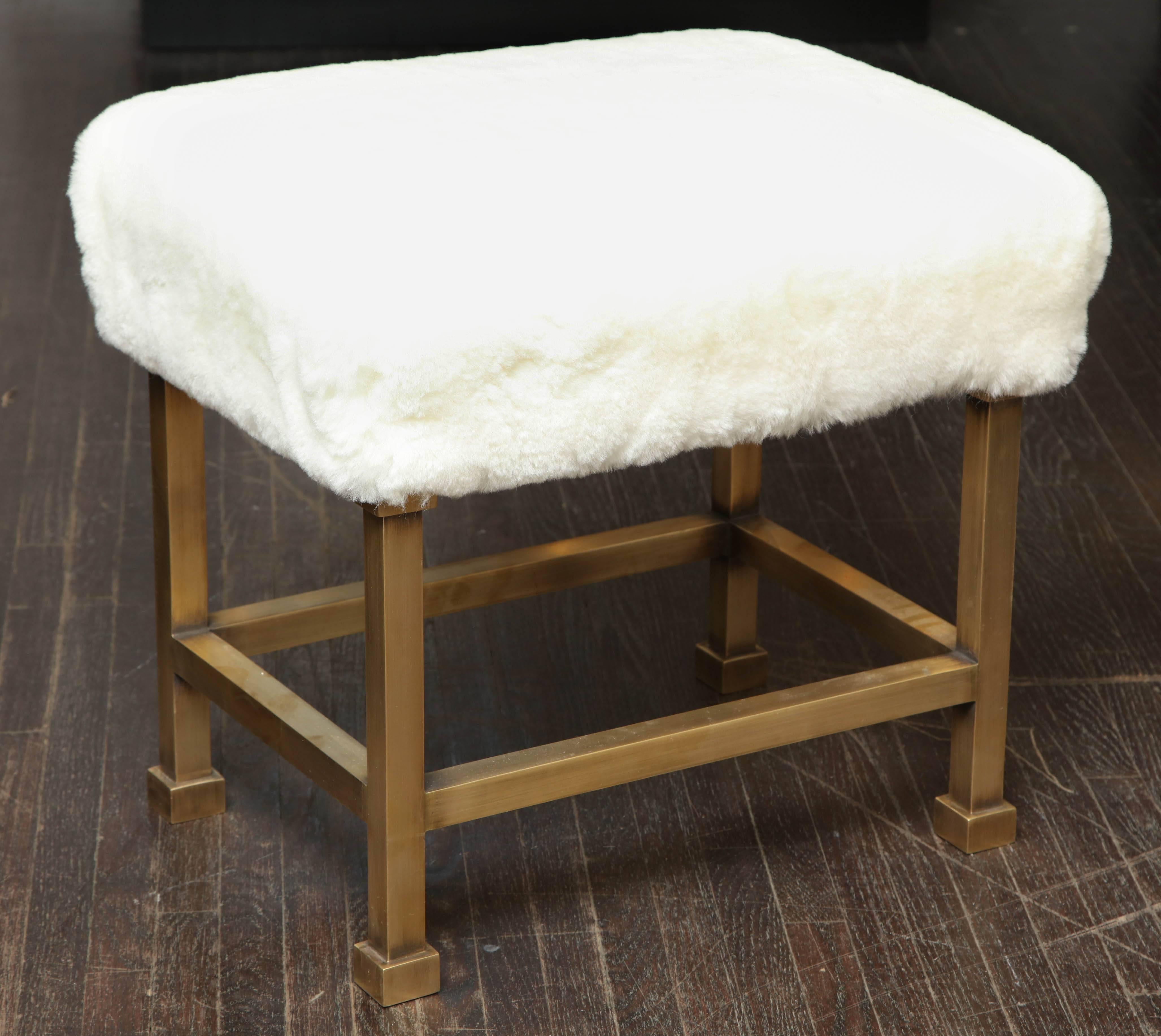 Modern Pair of Custom Shearling and Brass Stools