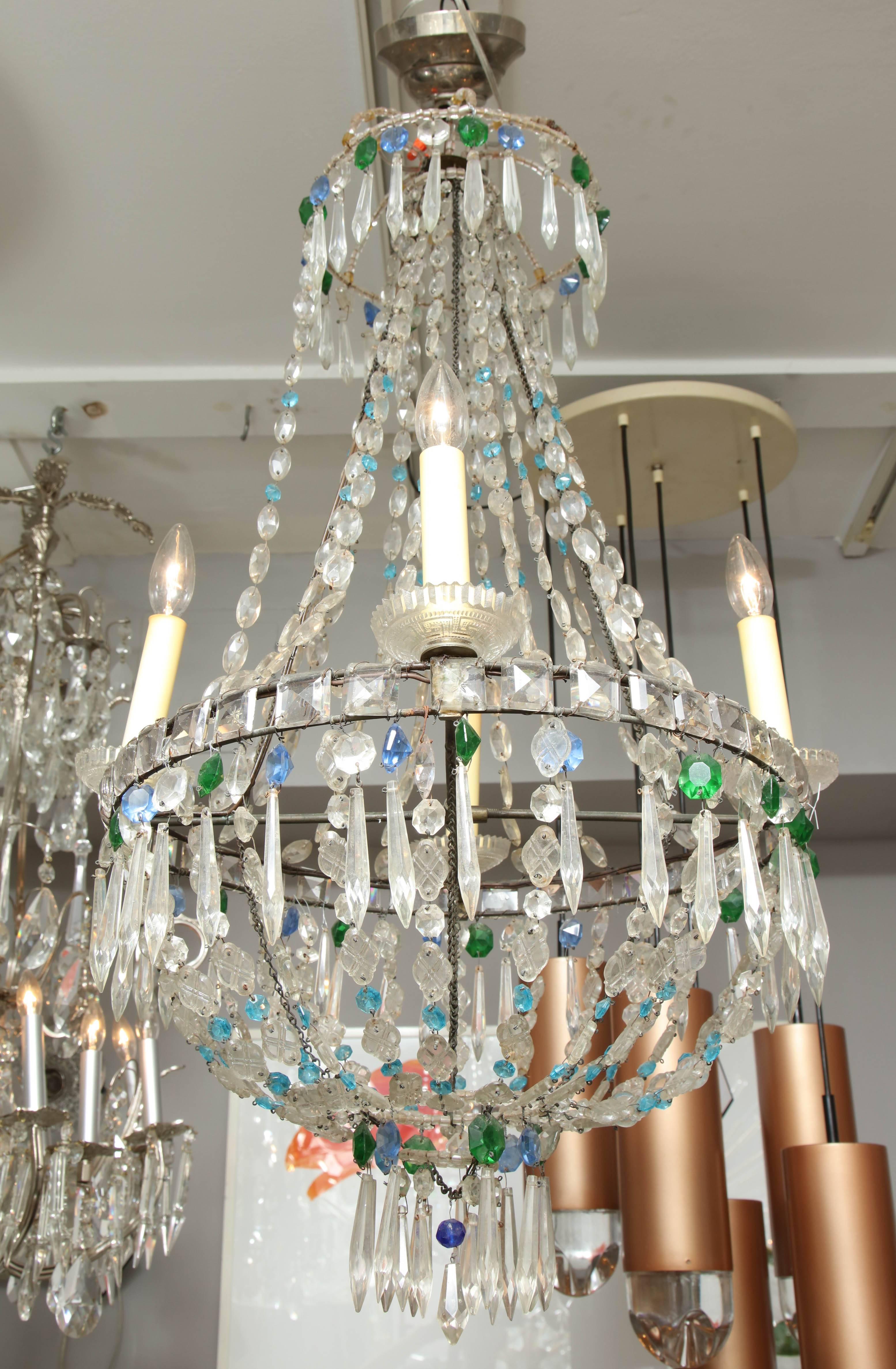 19th century turquoise and emerald crystal chandelier.
