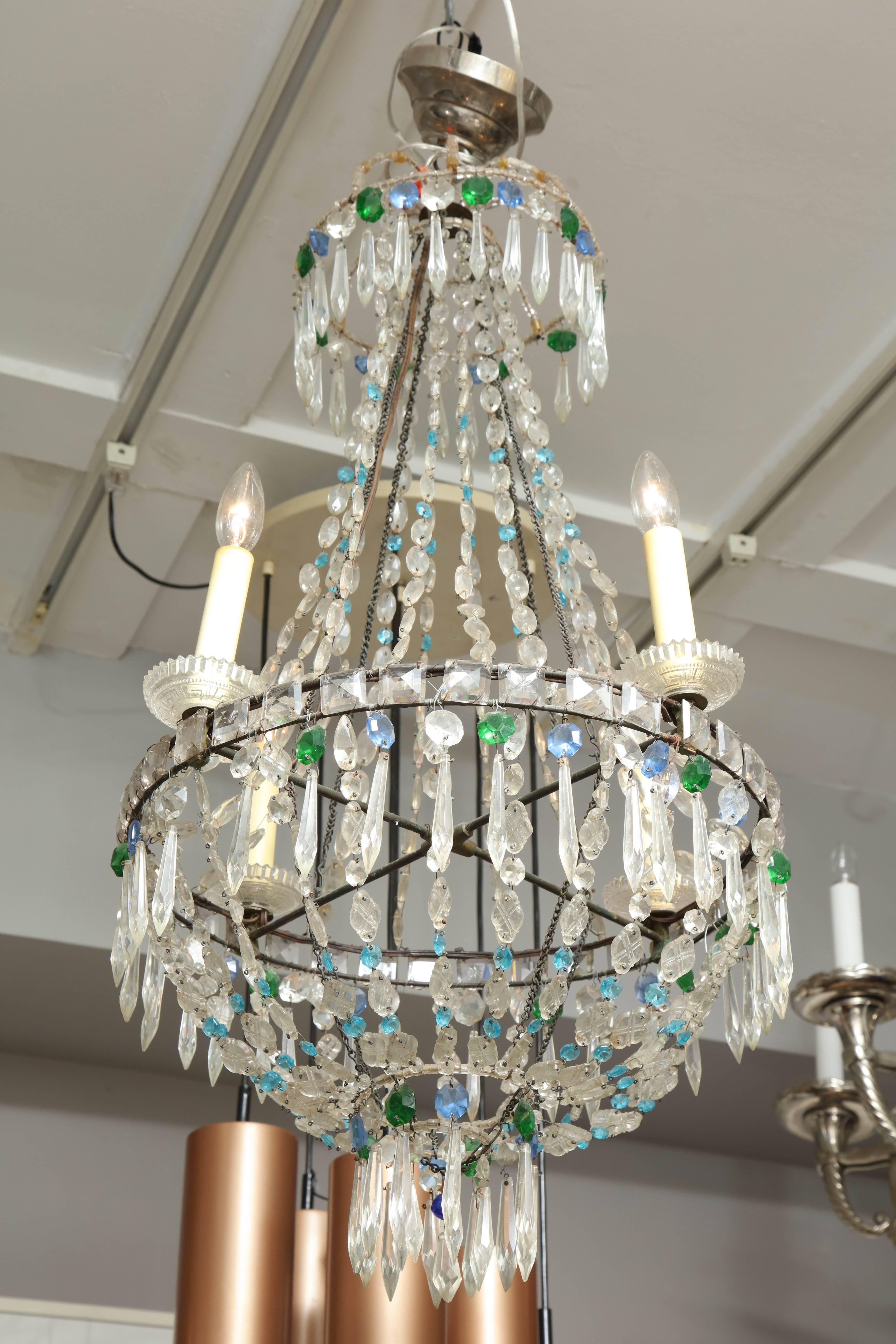 Neoclassical 19th Century Turquoise and Emerald Crystal Chandelier