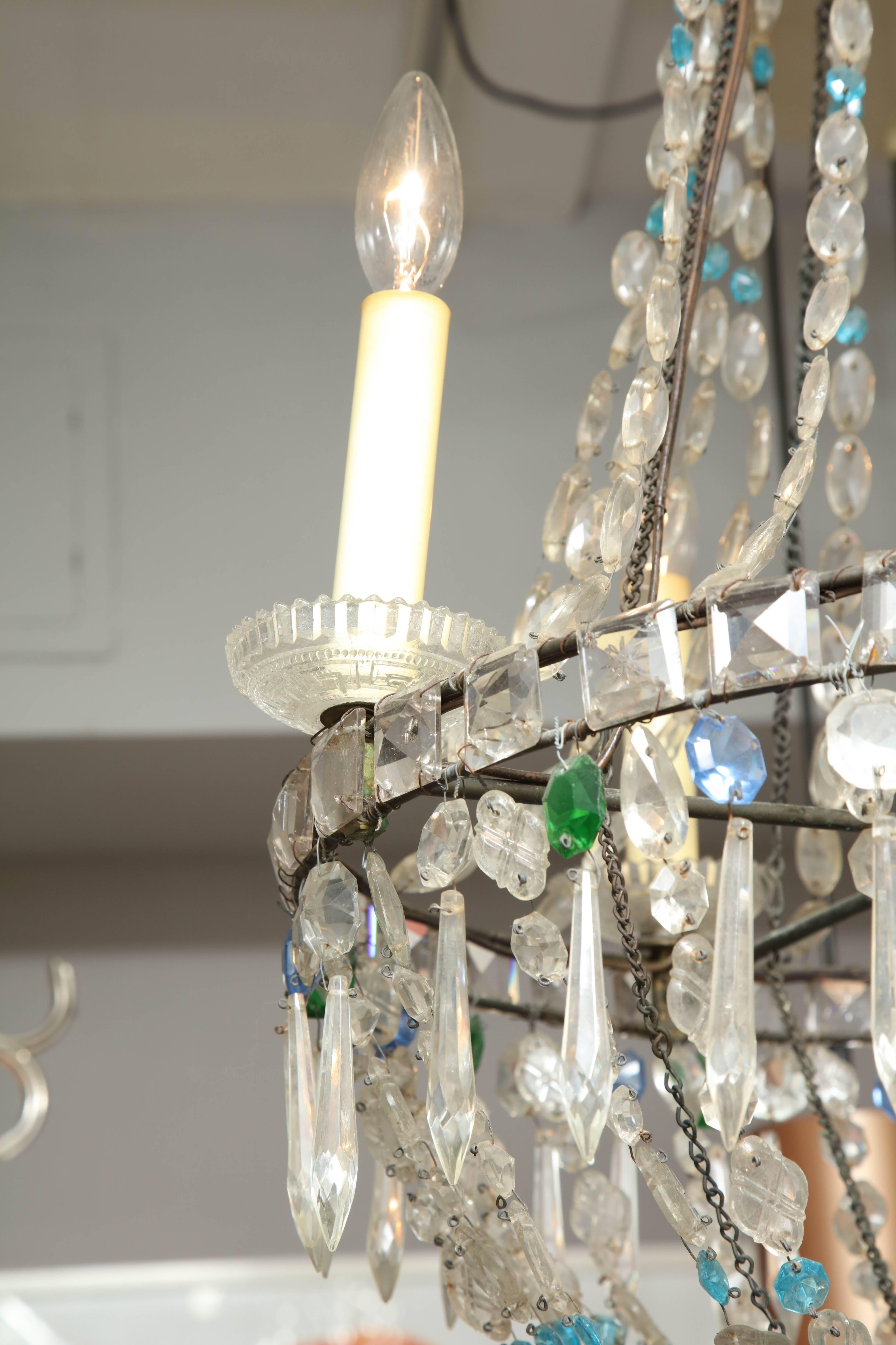 French 19th Century Turquoise and Emerald Crystal Chandelier