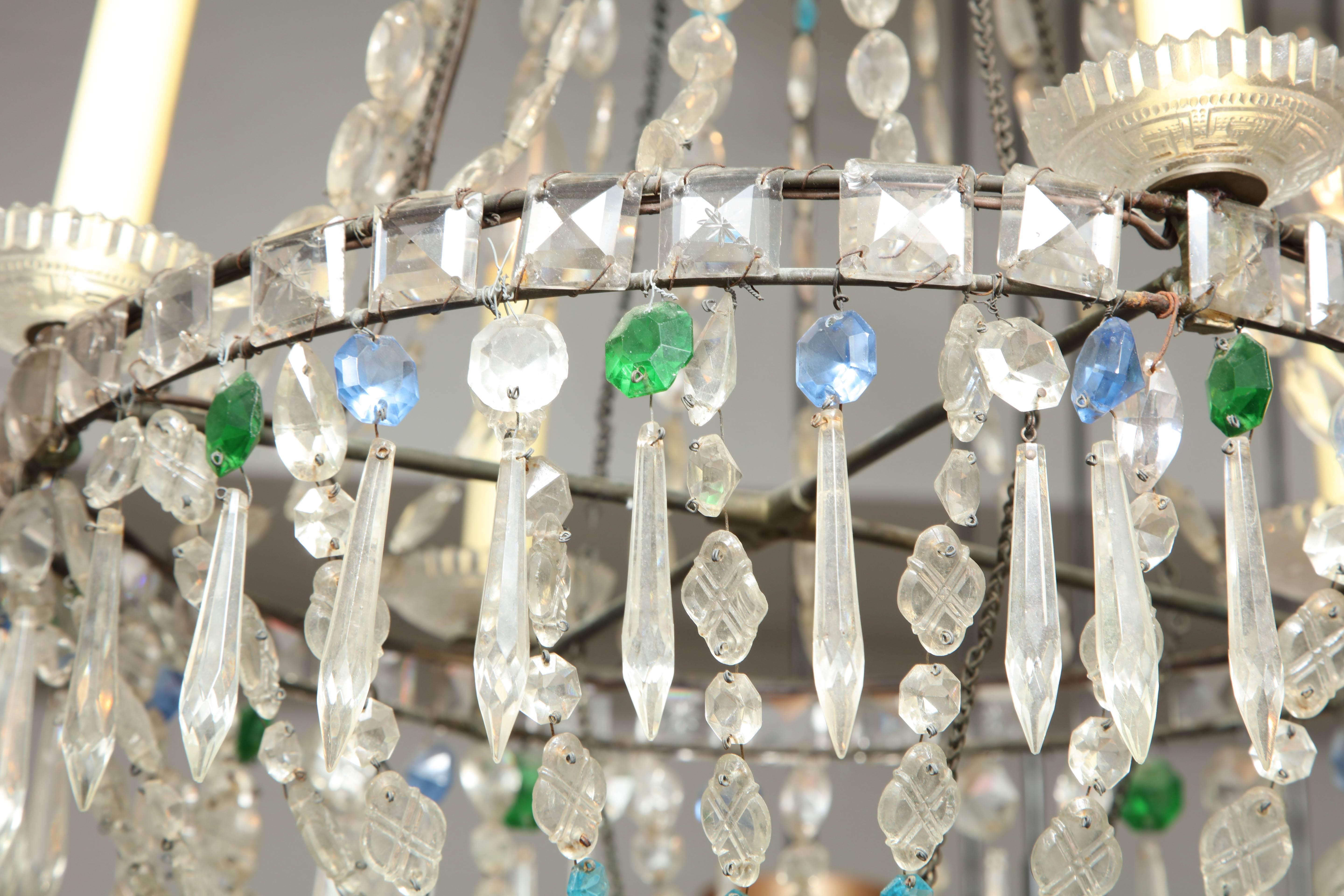 Bronze 19th Century Turquoise and Emerald Crystal Chandelier