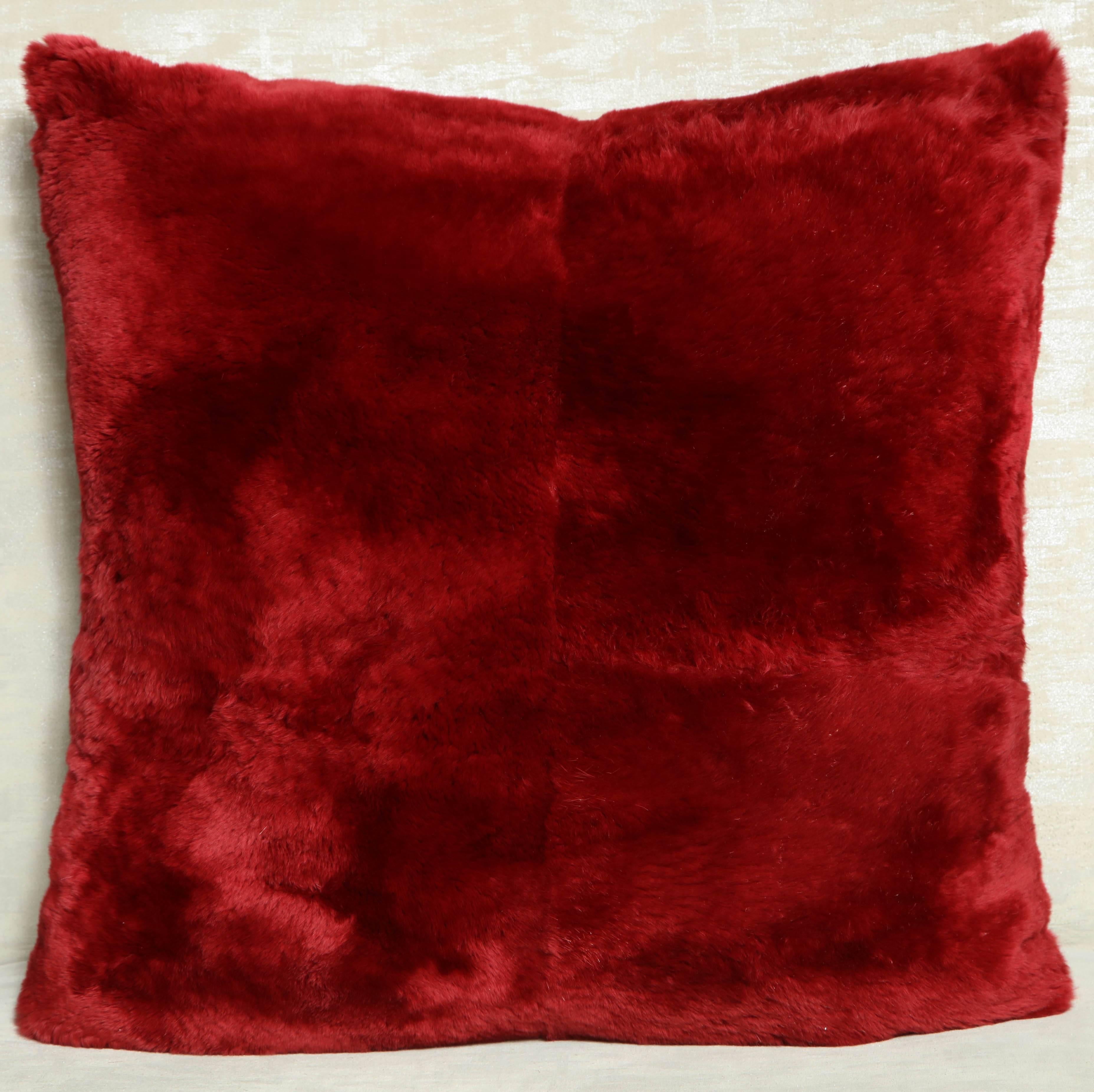 Modern Custom Red Genuine Sheared Beaver Pillow For Sale