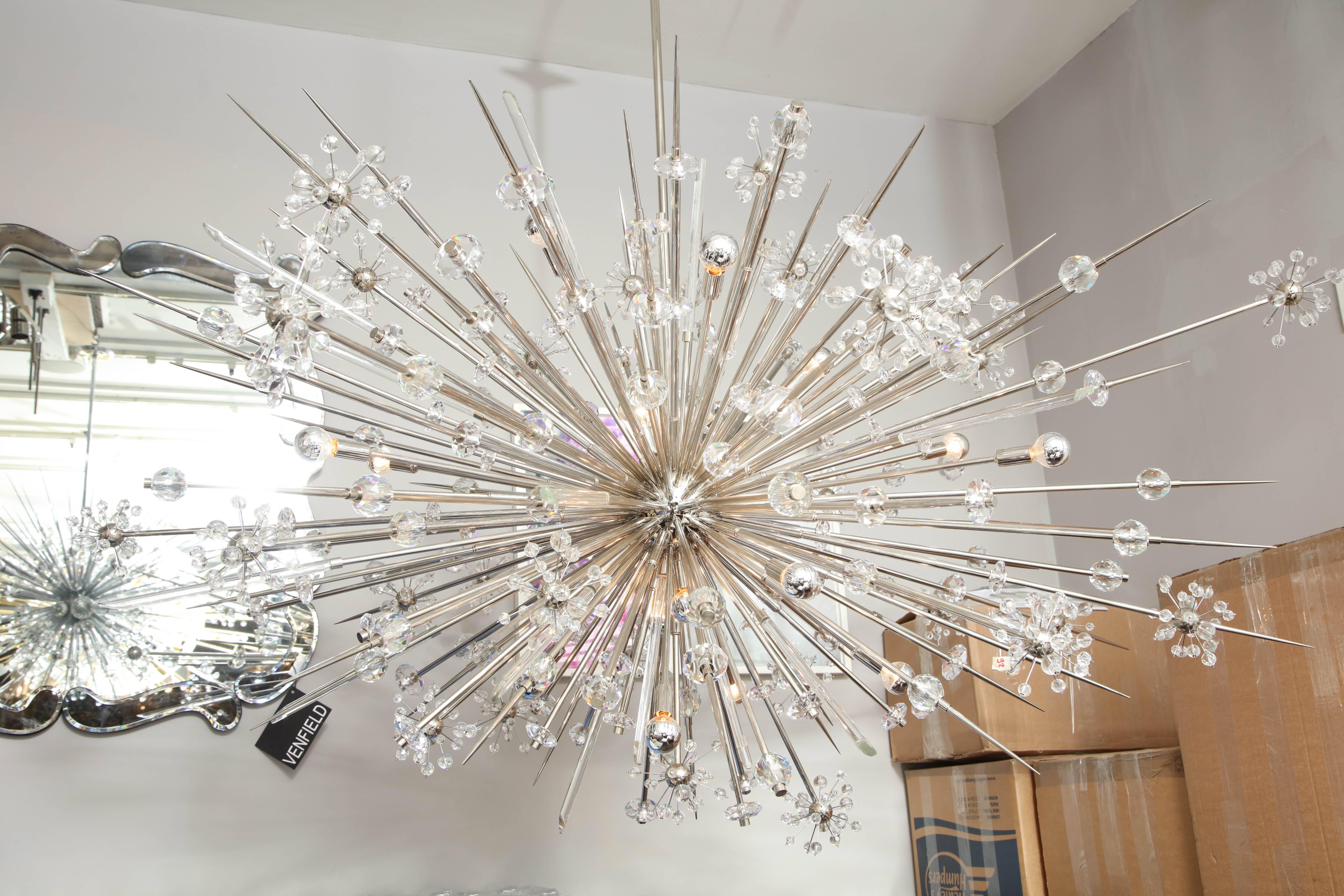 Monumental Austrian Crystal and Glass Rod Sputnik in Polished Nickel In Excellent Condition For Sale In New York, NY