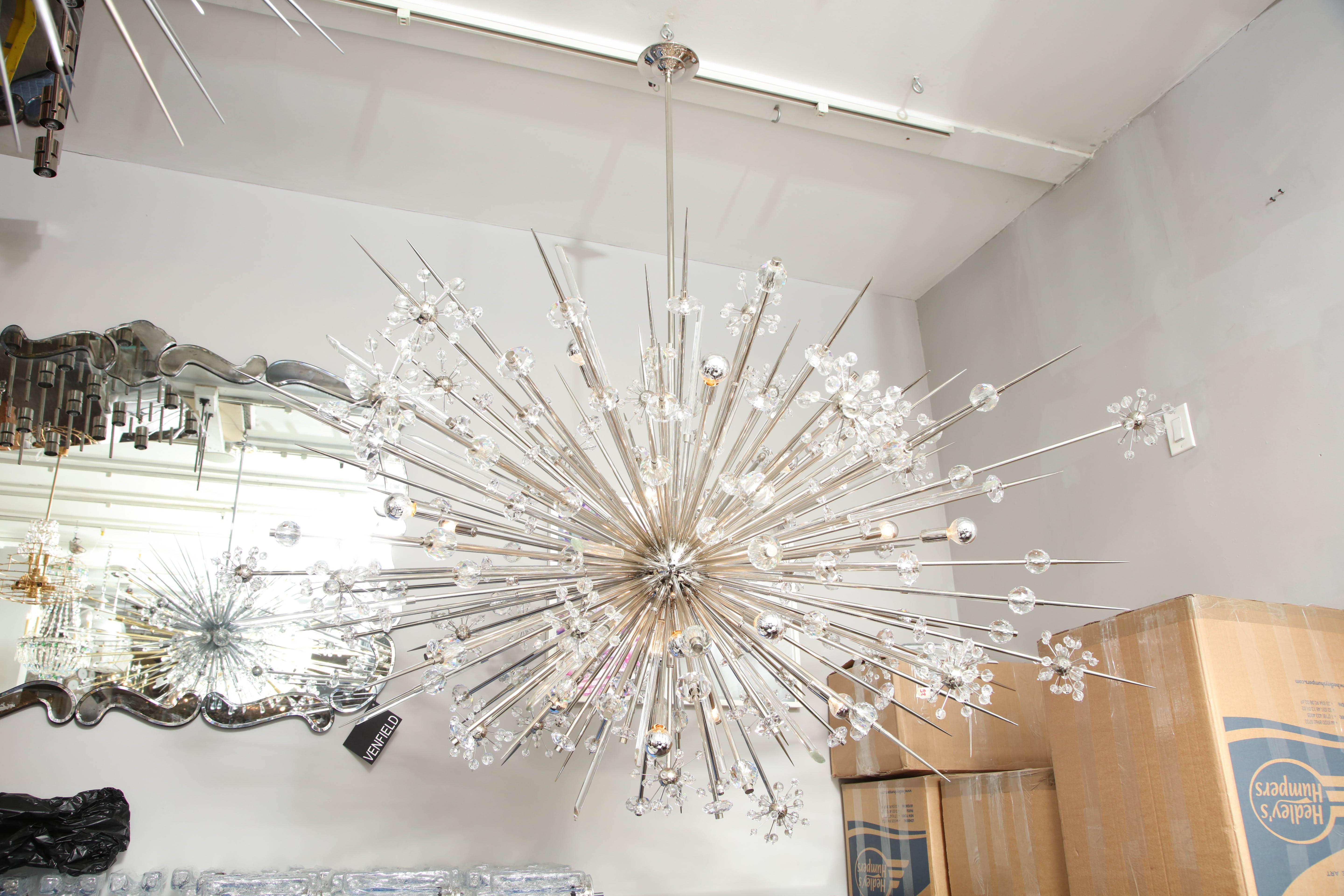 Contemporary Monumental Austrian Crystal and Glass Rod Sputnik in Polished Nickel For Sale