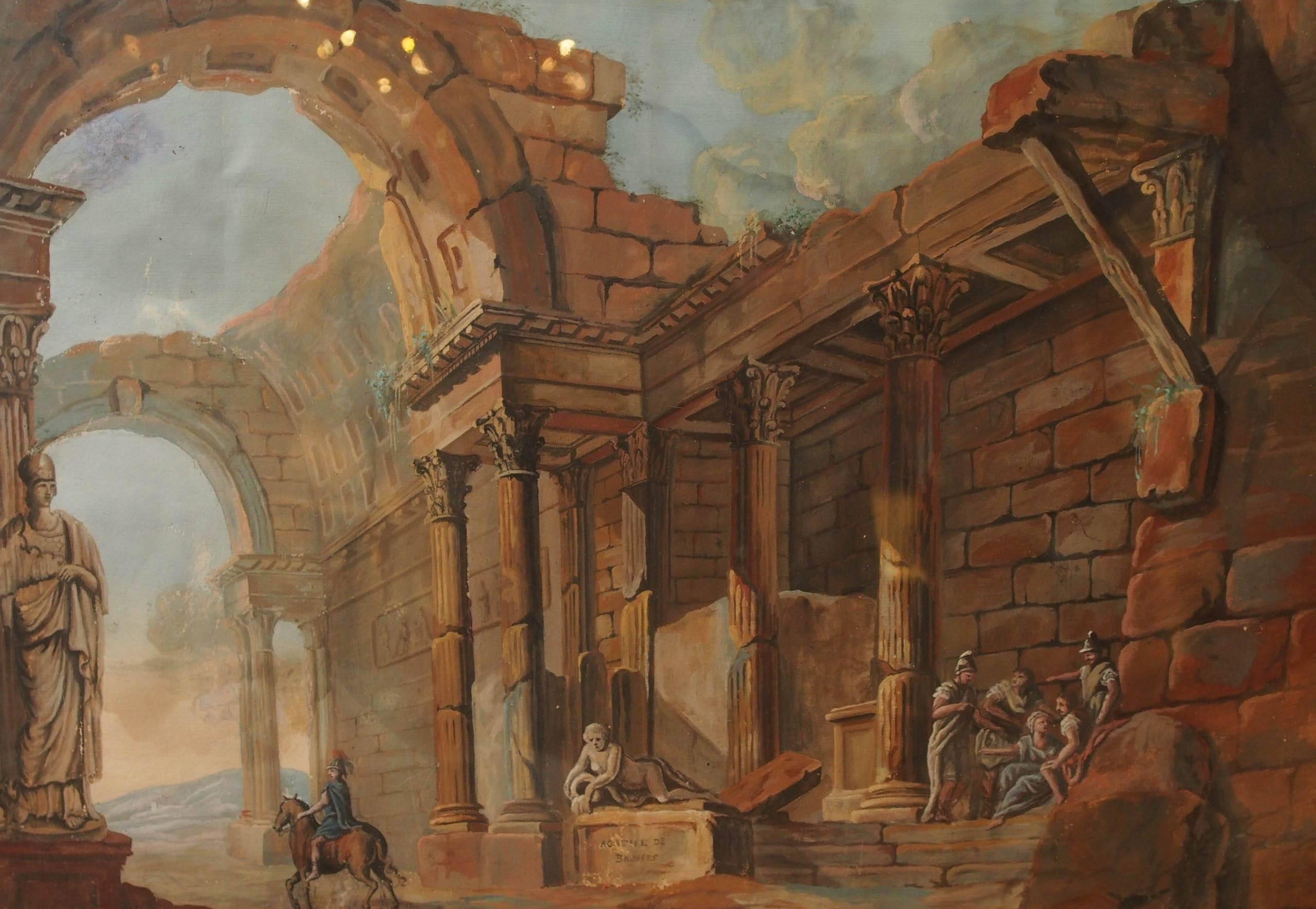 19th century gouache of classical ruins in gilt frame.