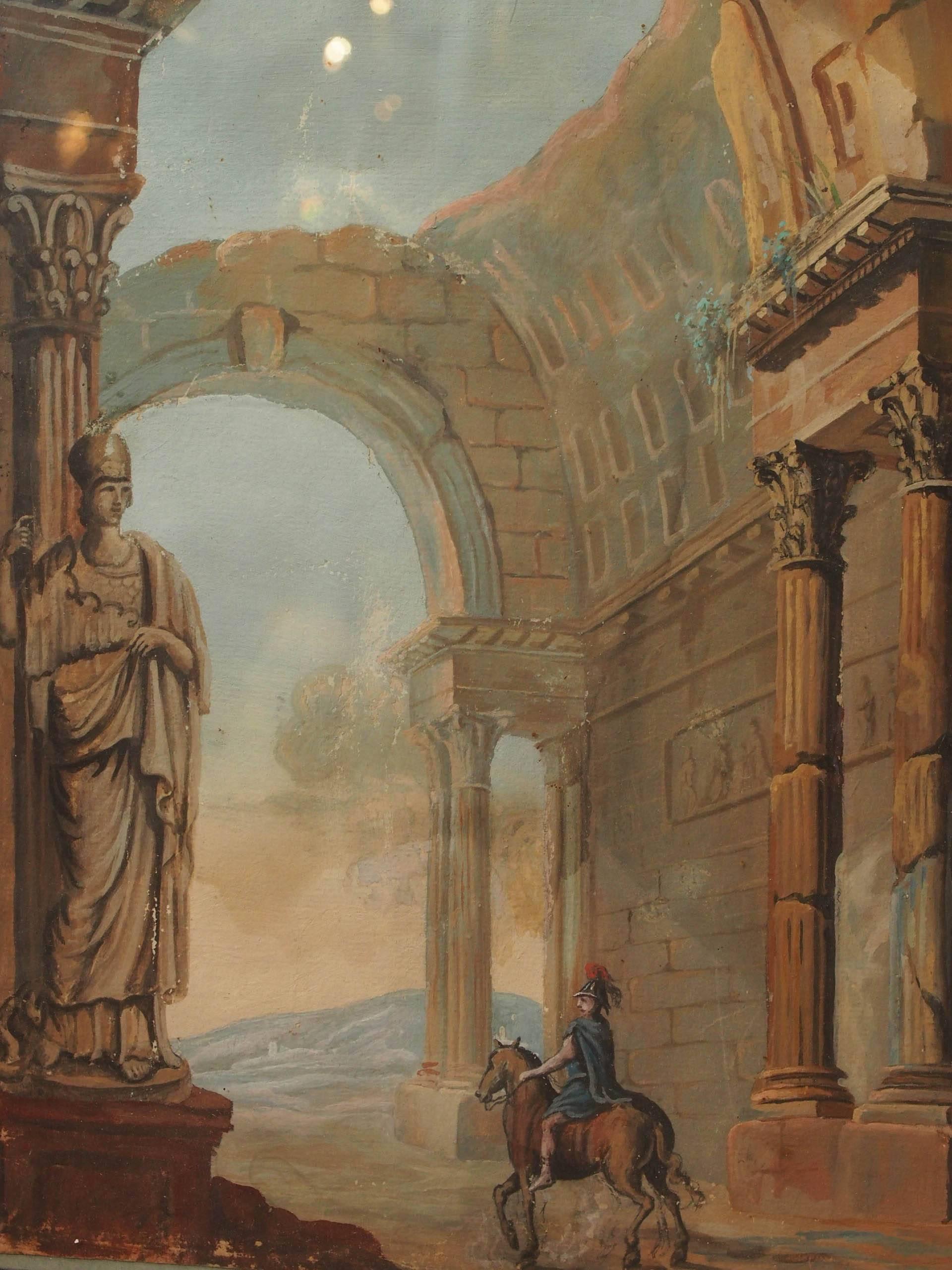 French 19th Century Gouache of Classical Ruins in Gilt Frame For Sale