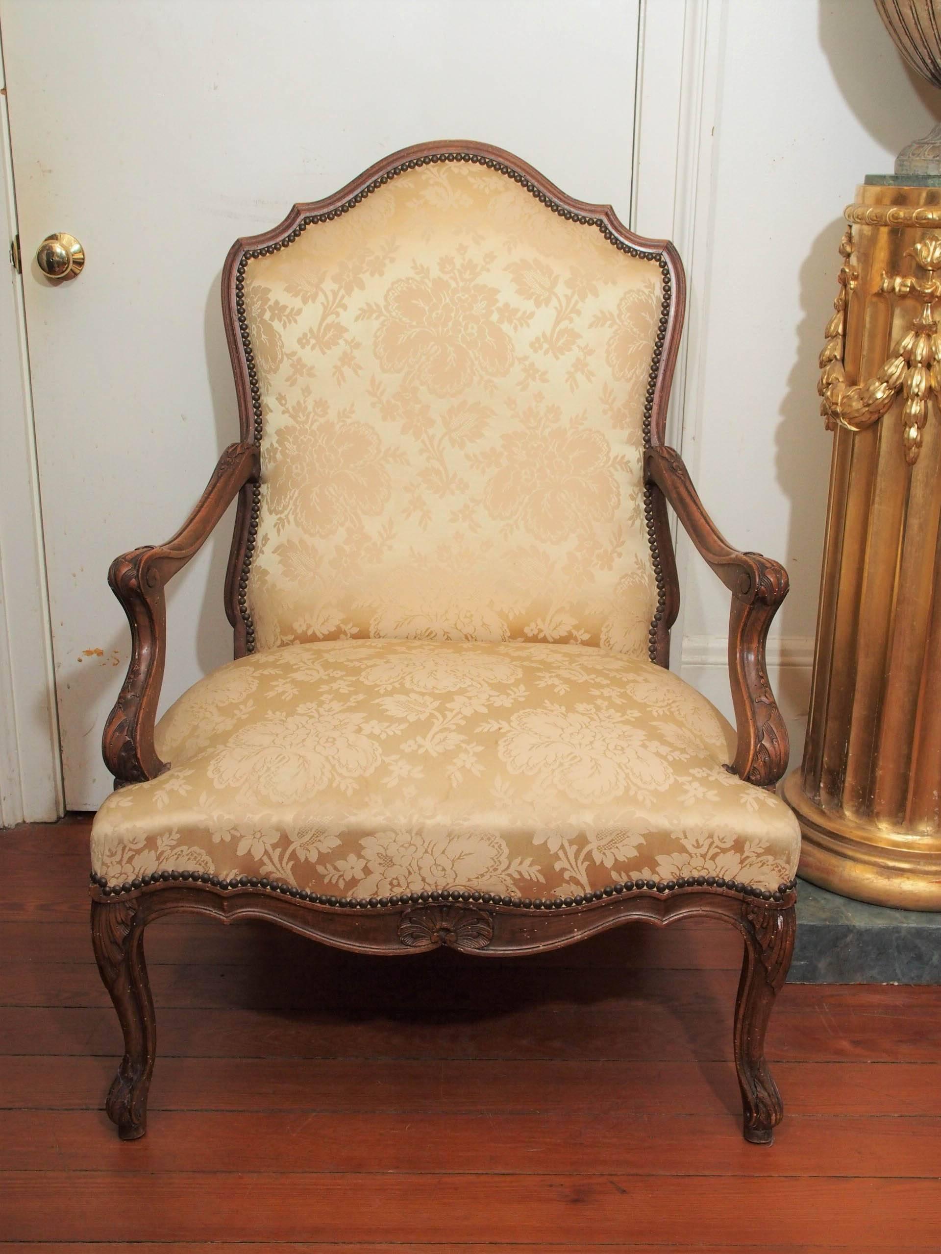 Pair of large-scale walnut shaped armchairs in the Louis XV style, Italian, late 19th century. Need recovering.