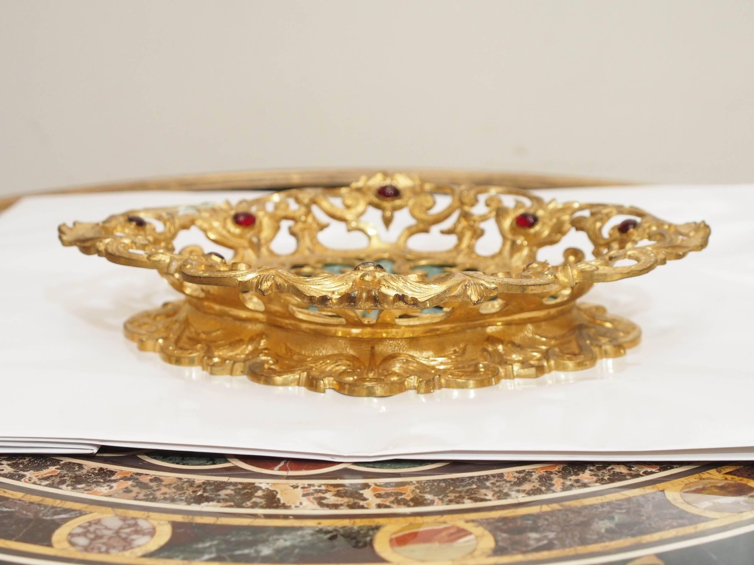 19th Century Italian Gilt Bronze and Jeweled with Malachite Base Tazza In Good Condition For Sale In Natchez, MS