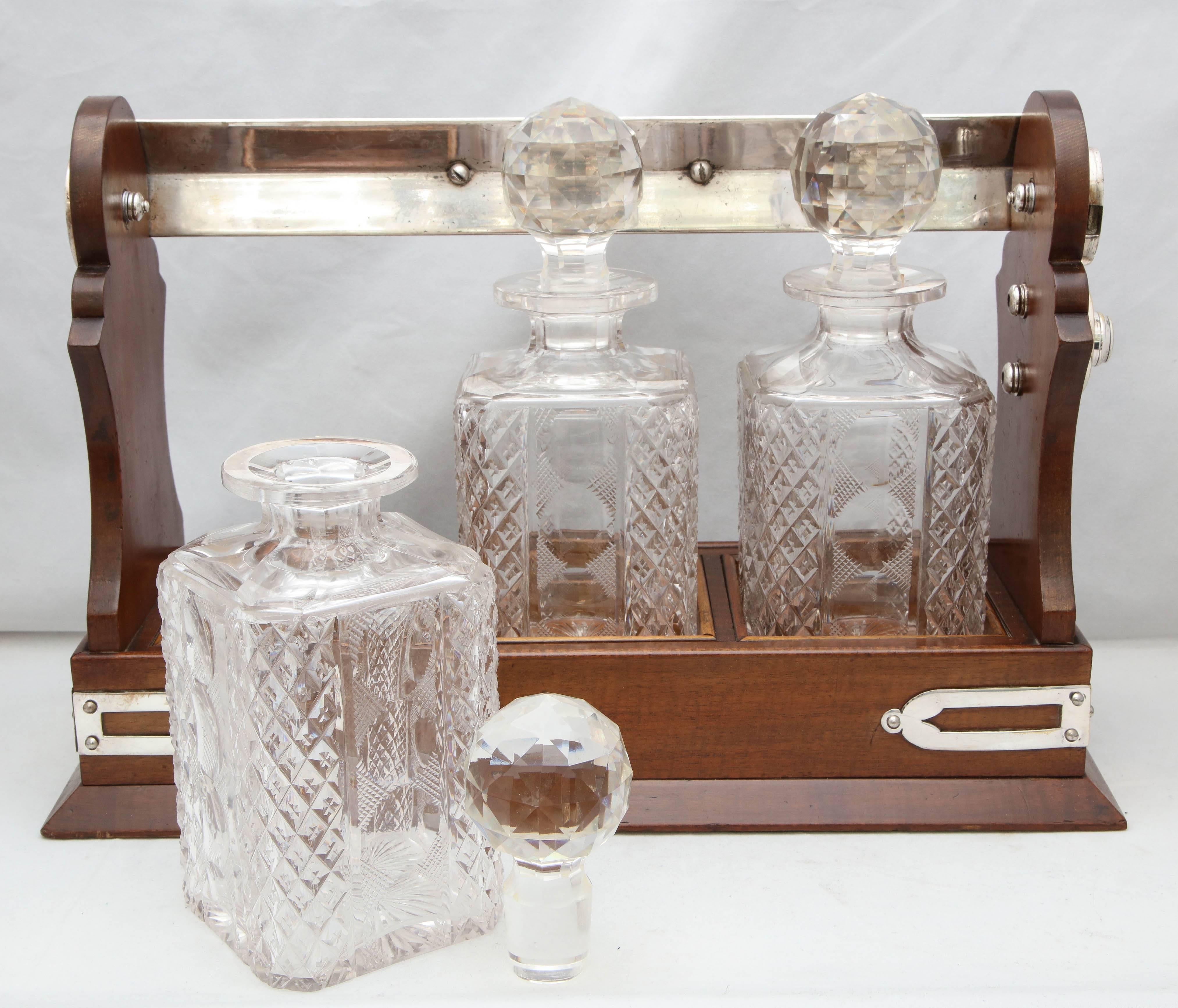 Early 20th Century Edwardian Silver Plate-Mounted Wood Three-Bottle Tantalus