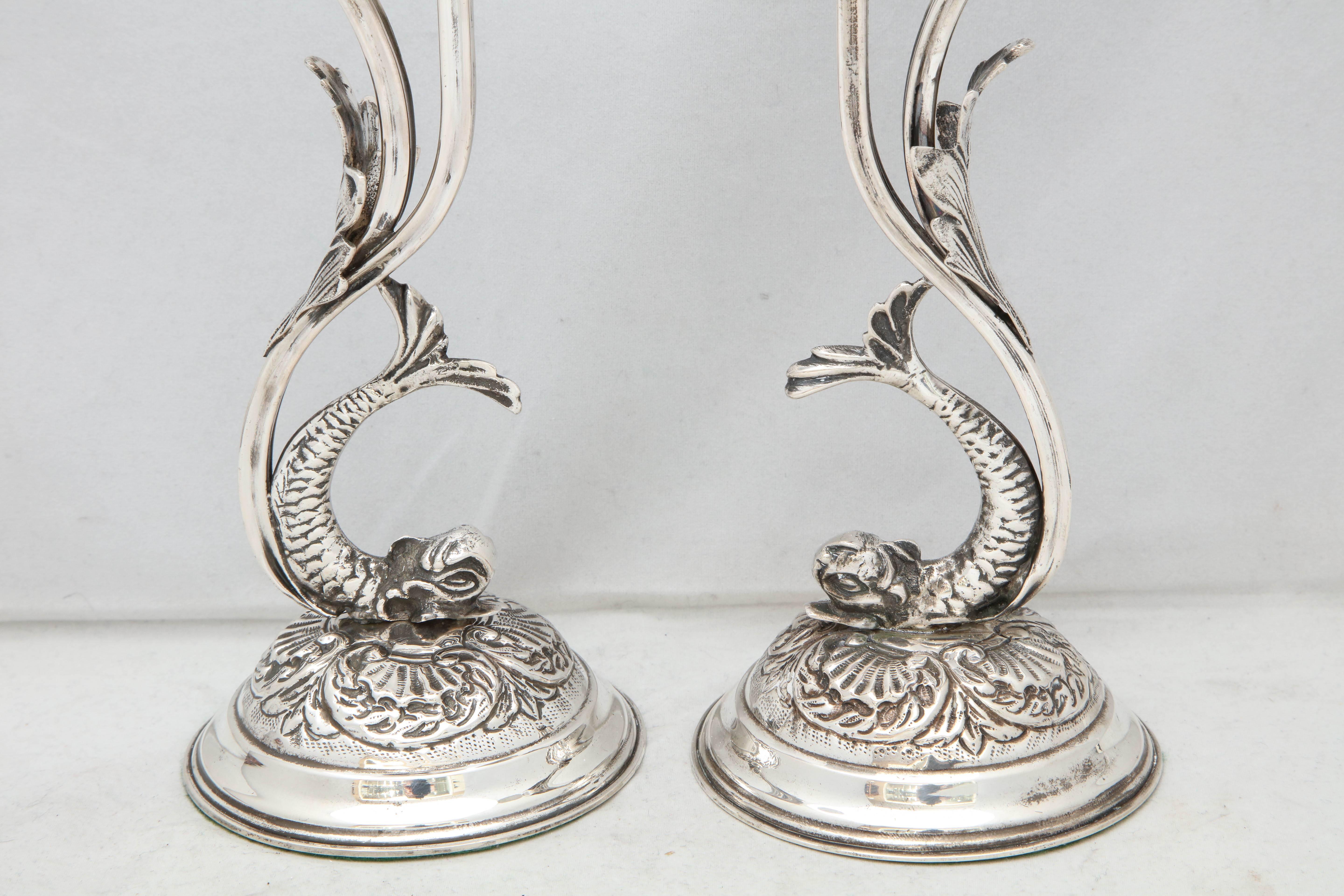 European  Pair of Art Nouveau Style Continental Silver Dolphin-Form Candlestick