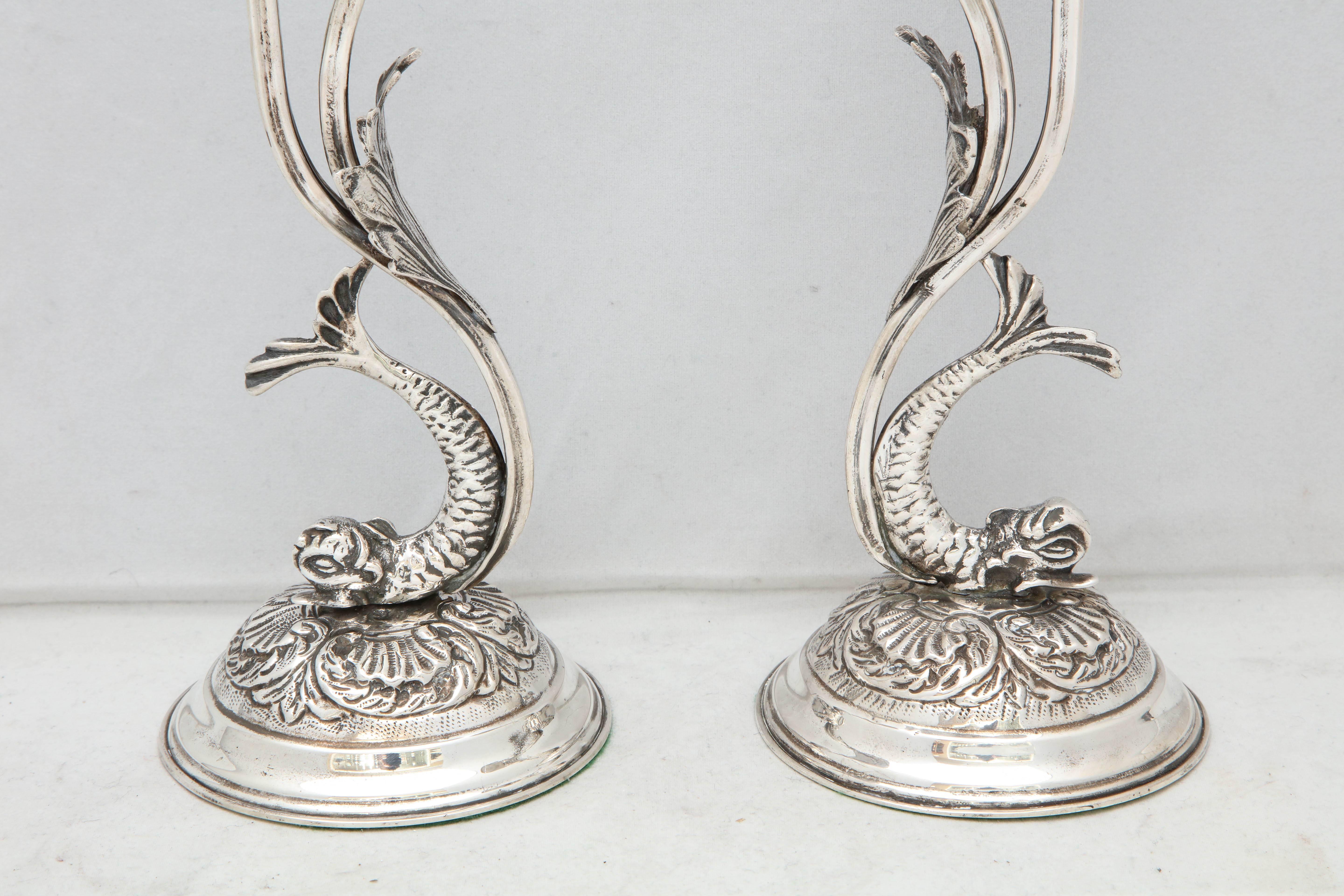  Pair of Art Nouveau Style Continental Silver Dolphin-Form Candlestick In Good Condition In New York, NY