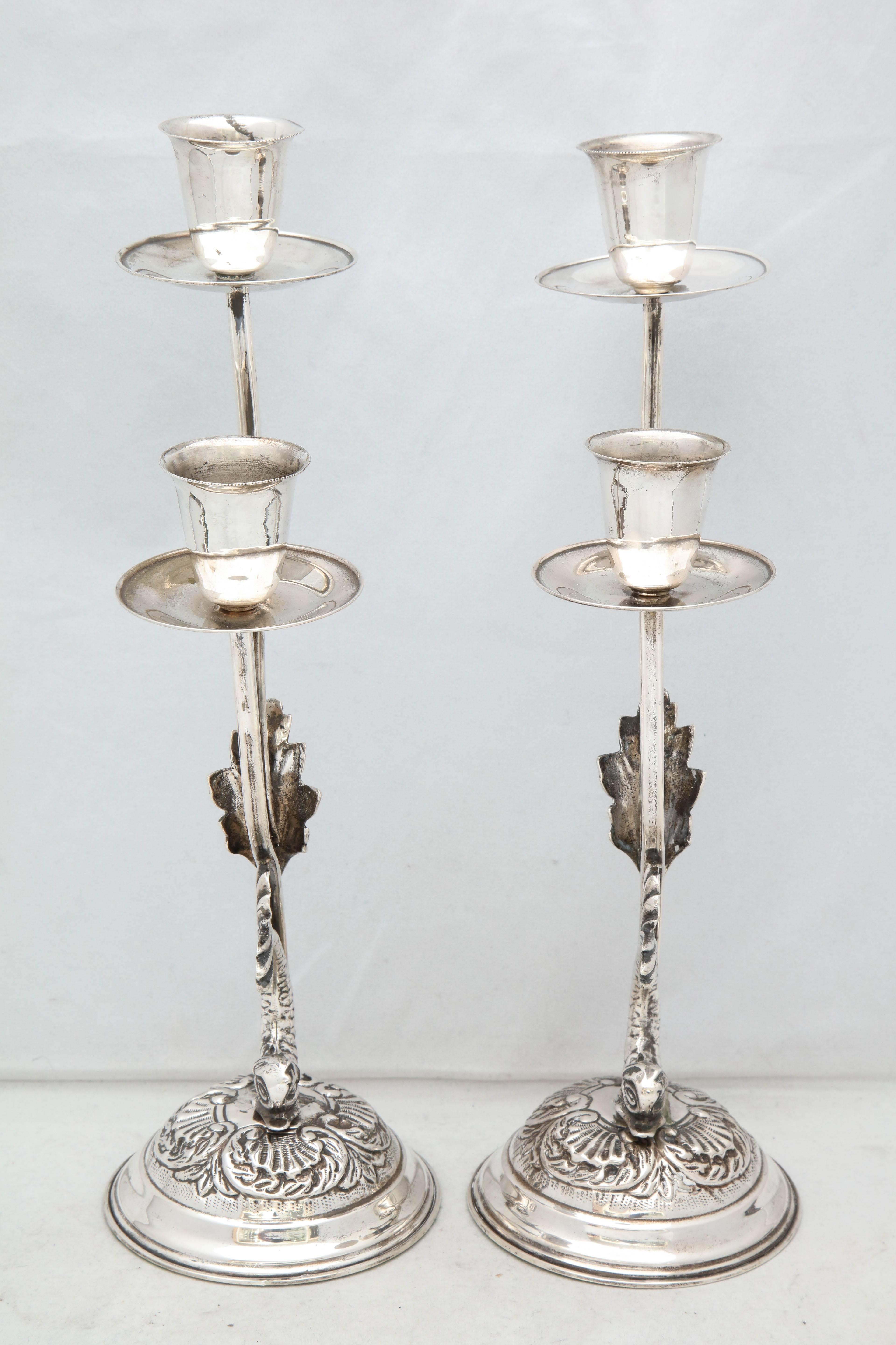 Mid-20th Century  Pair of Art Nouveau Style Continental Silver Dolphin-Form Candlestick