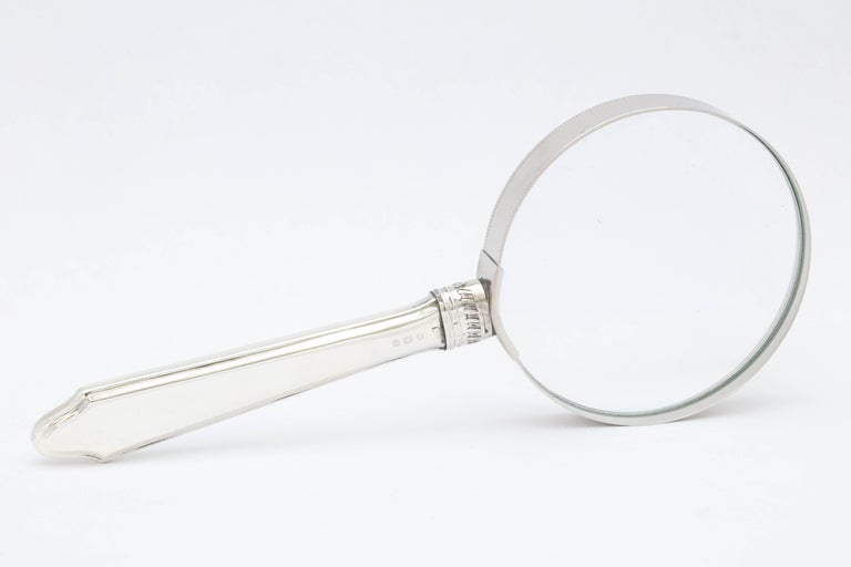 Large, Edwardian, sterling silver and blue guilloche enamel-mounted magnifying glass, Birmingham, England, 1906, Geo. Hope - maker. Measures almost 9 inches long x 3 3/4 inches diameter across magnifying glass itself. Metal surround holds glass