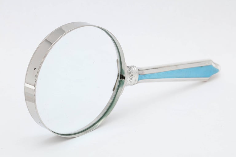 Early 20th Century Edwardian Sterling Silver and Blue Guilloche Enamel-Mounted Magnifying Glass For Sale