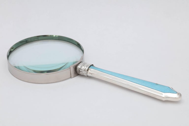 Edwardian Sterling Silver and Blue Guilloche Enamel-Mounted Magnifying Glass For Sale 1