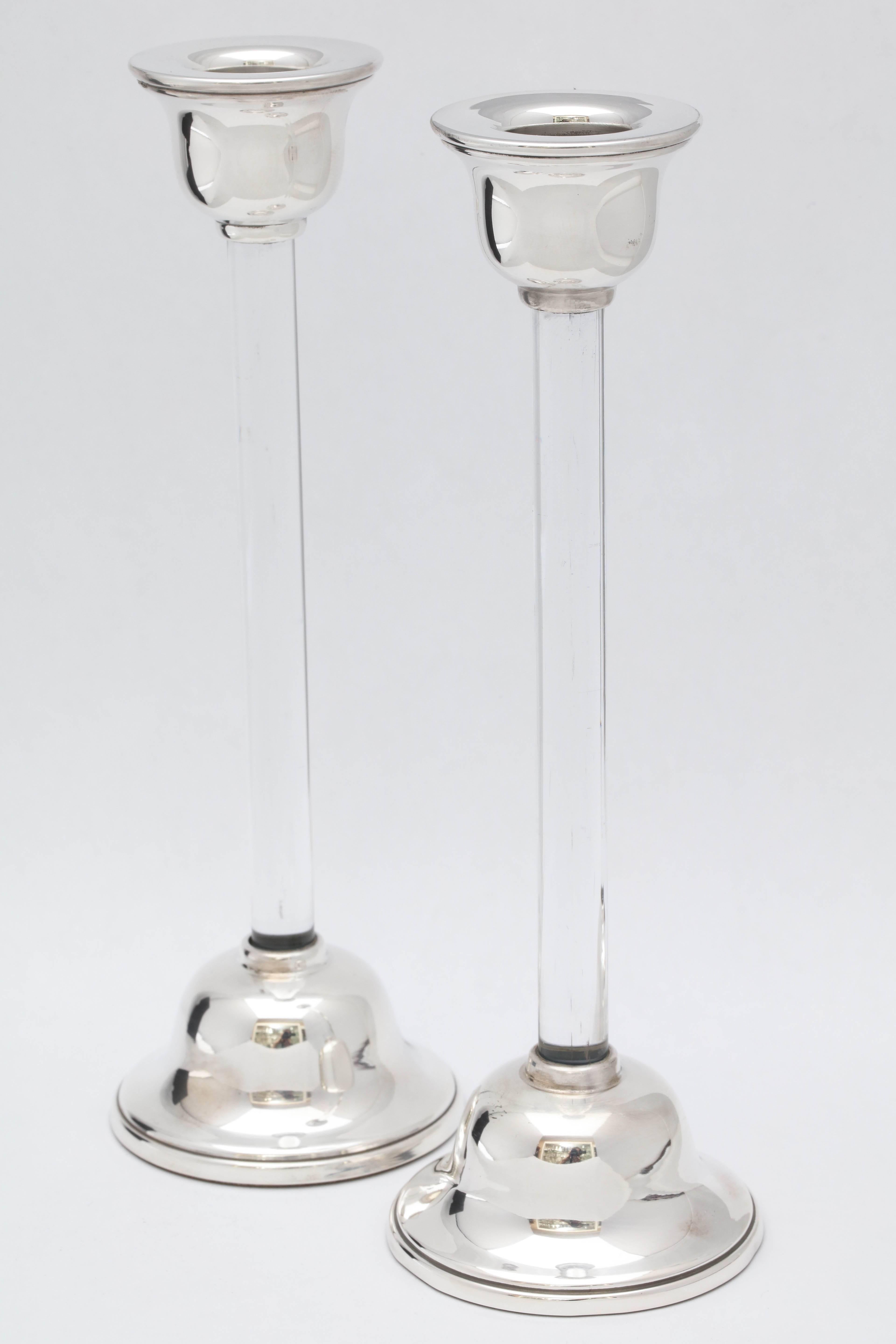 European Pair of Mid-Century Modern Sterling Silver-Mounted Crystal Candlesticks