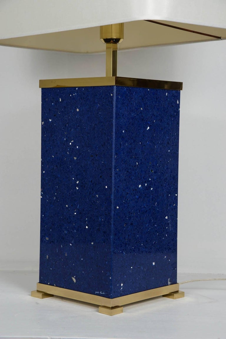 Brass Pair of Blue Stone Lamps by Enzo Missoni For Sale