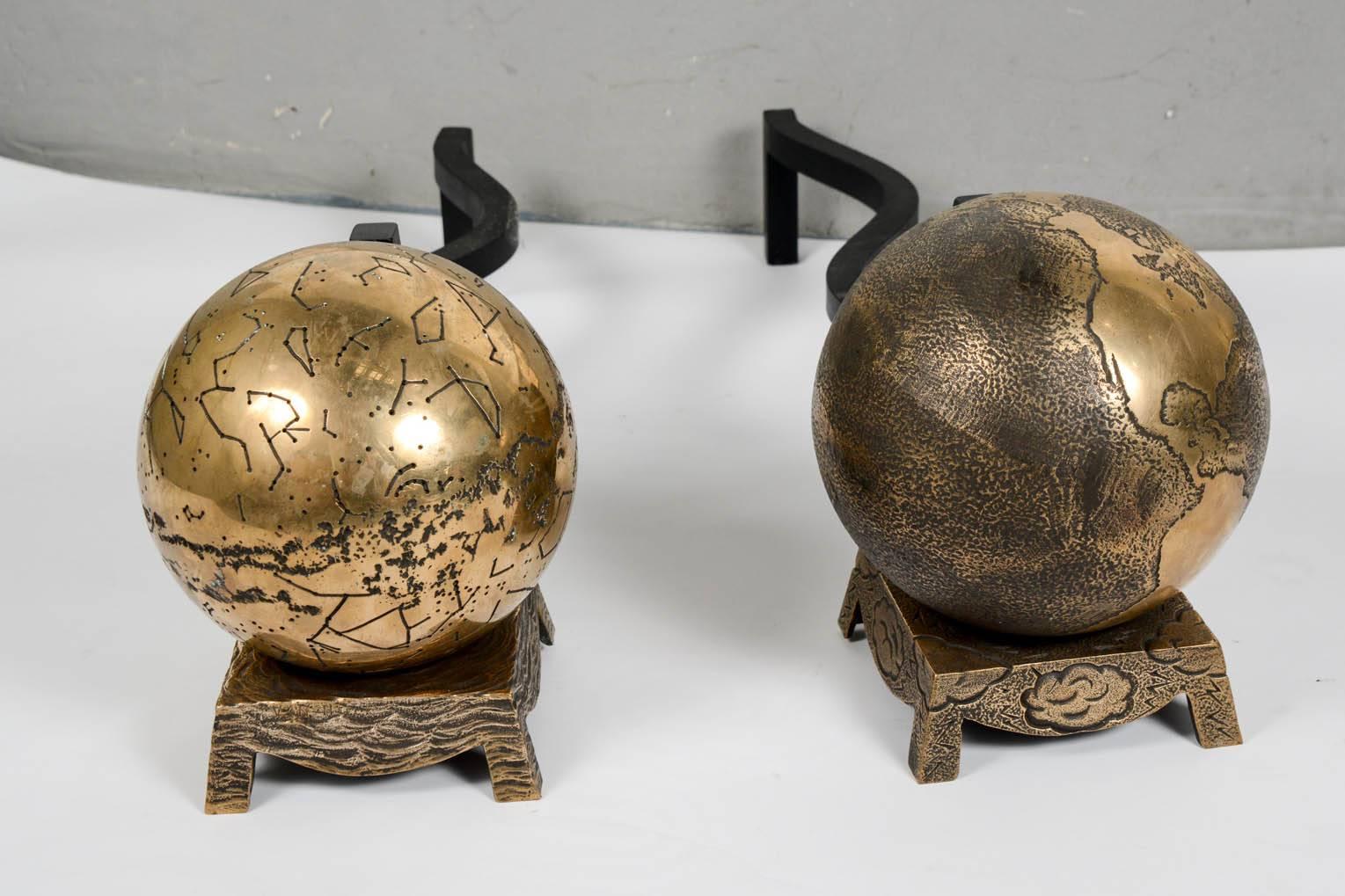 Pair of awesome andirons designed by Peter Van Heeck 
polished bronze 
signed.