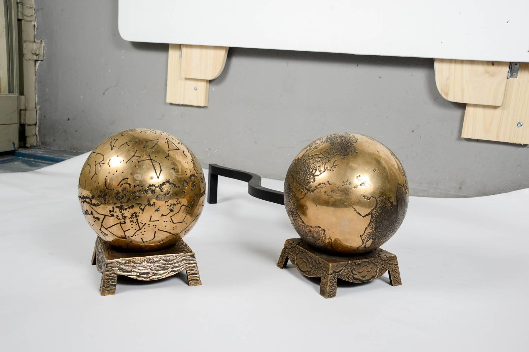 Bronze Pair of Andirons by Peter Van Veeck For Sale