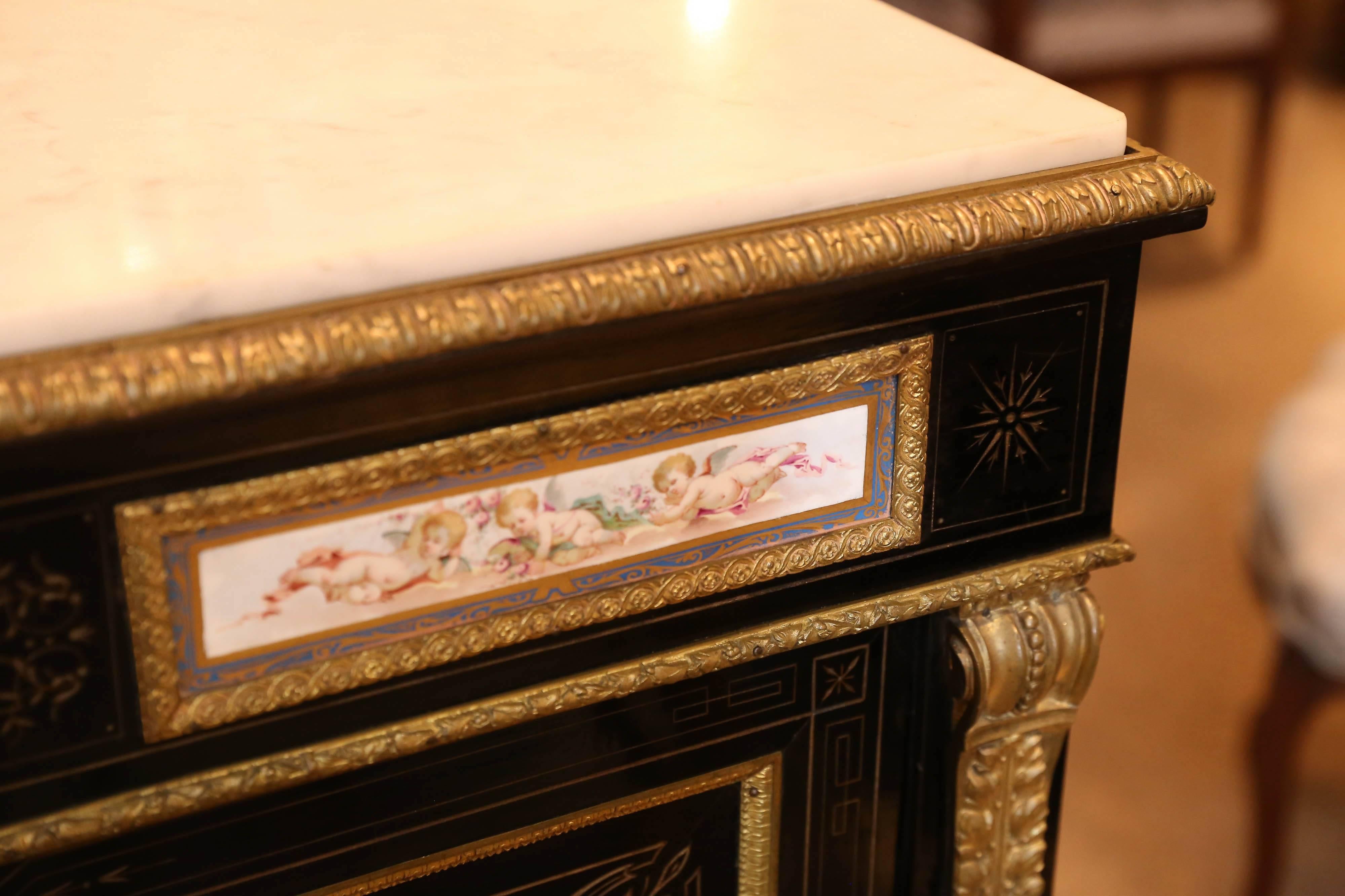 19th Century, French Ebonized Cabinet with Sèvres style Porcelain Painting  7