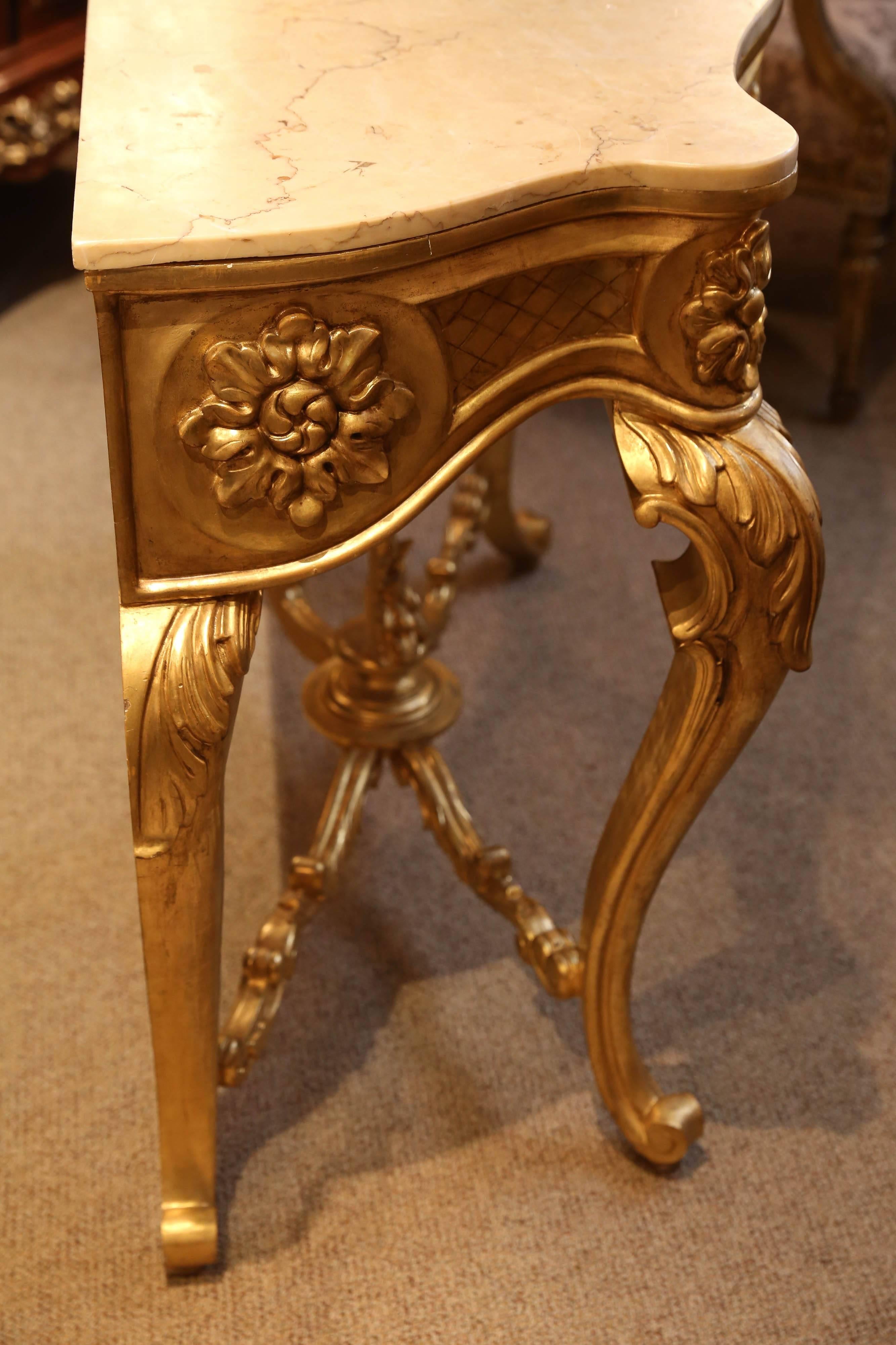 Giltwood Console in Louis XV Style, 20th Century with Cream Marble Top For Sale 3