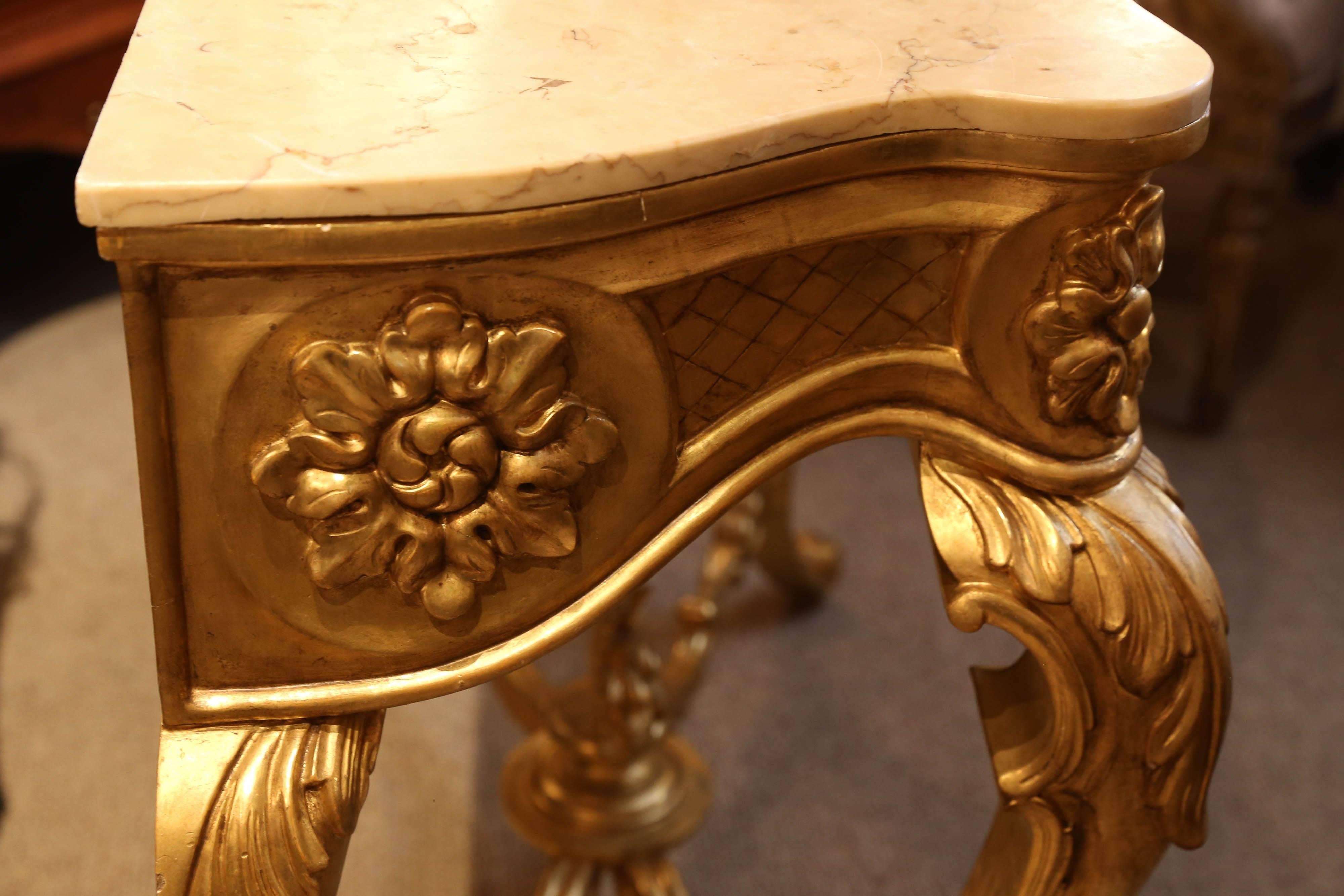 Giltwood Console in Louis XV Style, 20th Century with Cream Marble Top For Sale 4