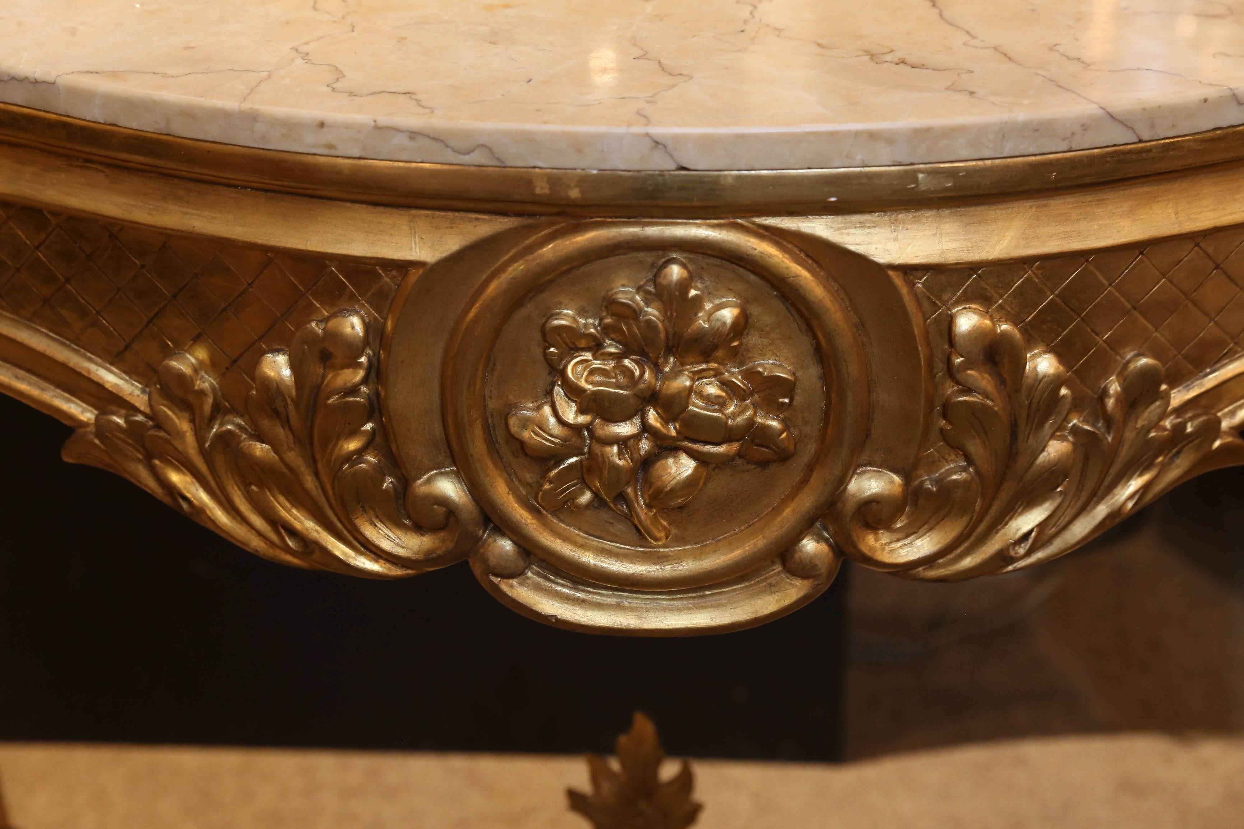 Giltwood Console in Louis XV Style, 20th Century with Cream Marble Top For Sale 5