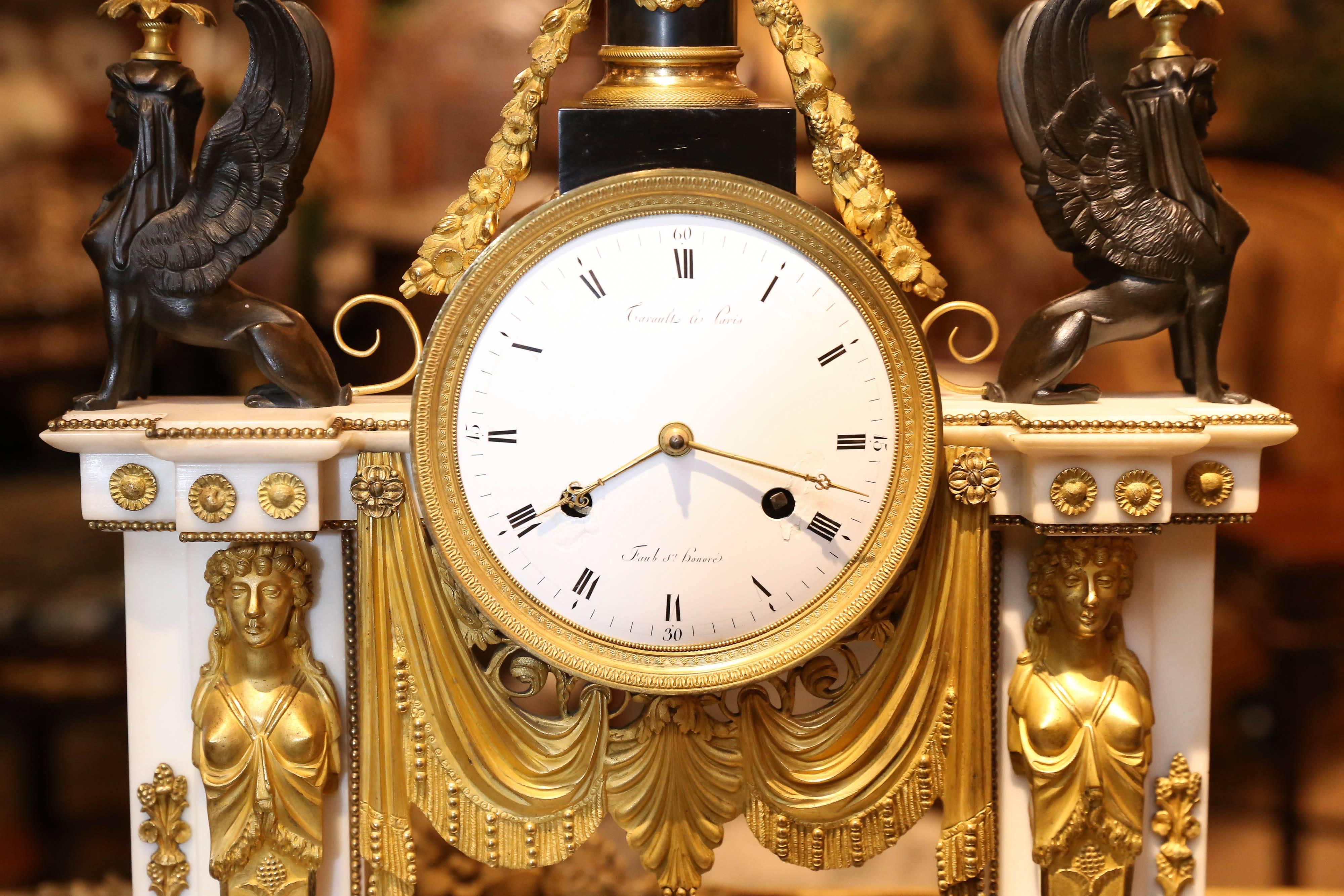 French Empire Bronze Doré Mantel Clock by Tarault a' Paris In Good Condition In Houston, TX