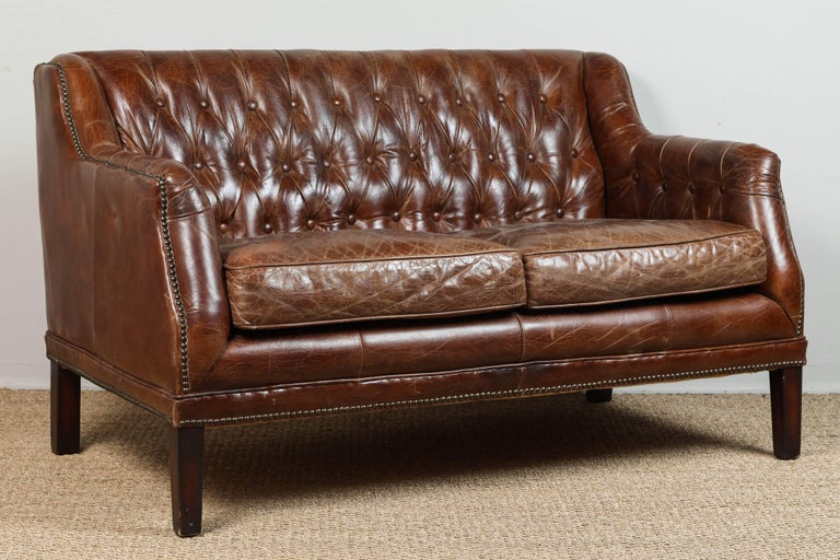 Vintage Tufted Leather Loveseat For Sale at 1stDibs