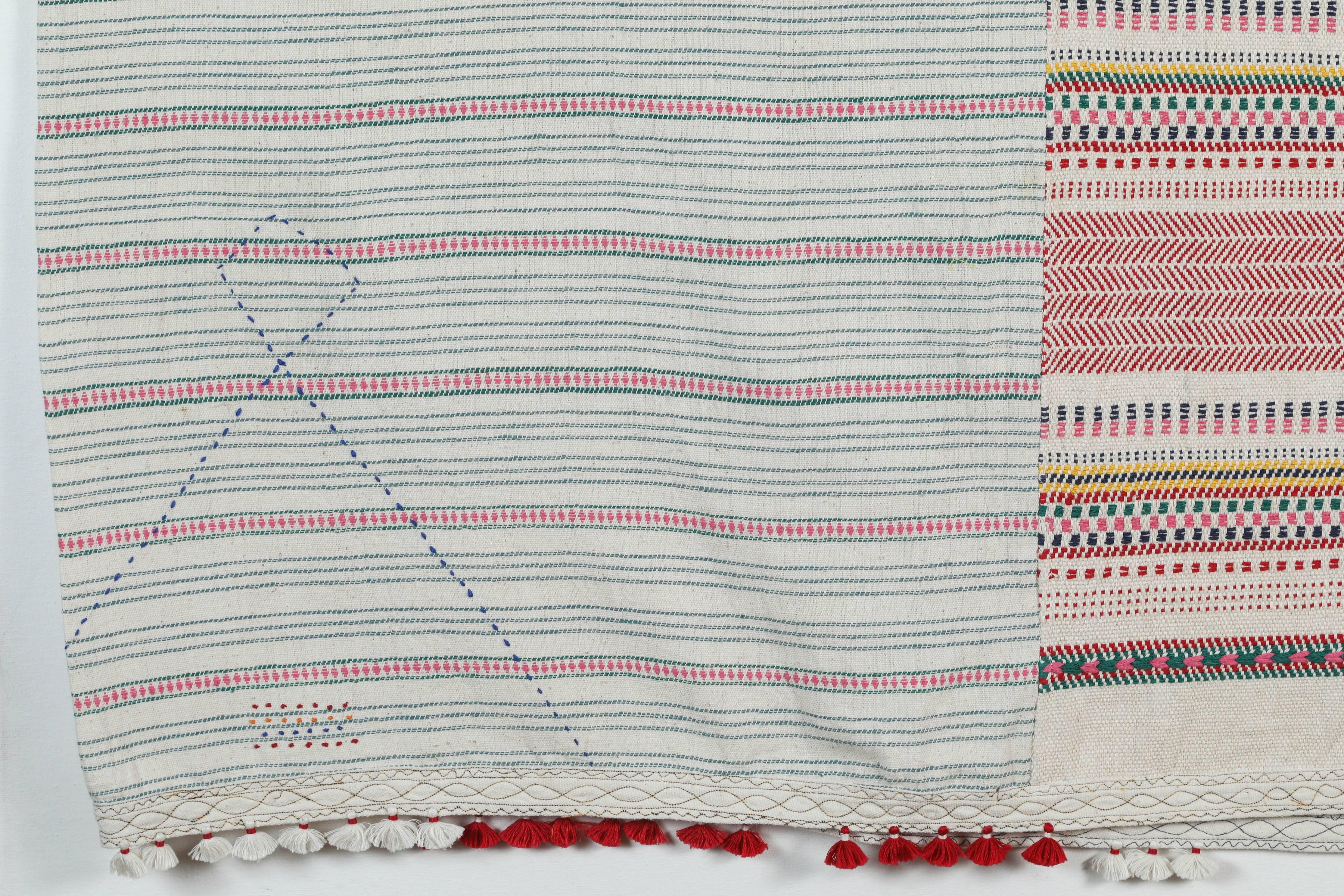 Kala naturally dyed organic cotton from Gujarat, India. Hand-loomed using traditional Indian textile techniques to produce extra weft woven stripes and plaids. This red, ivory, blue, green and yellow bedcover has added hand-knotted tassels and