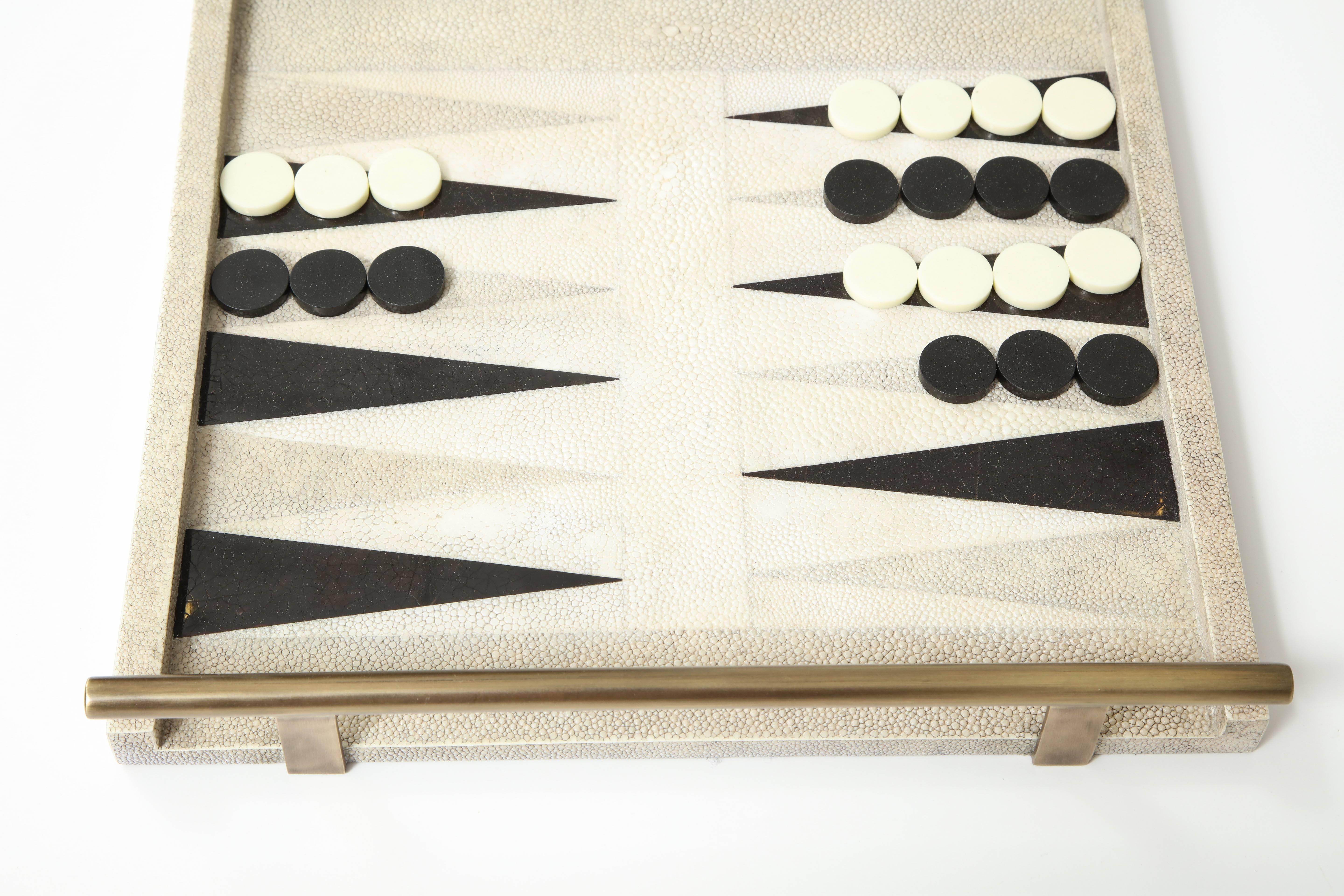 Contemporary Shagreen Backgammon Game With Bronze Details