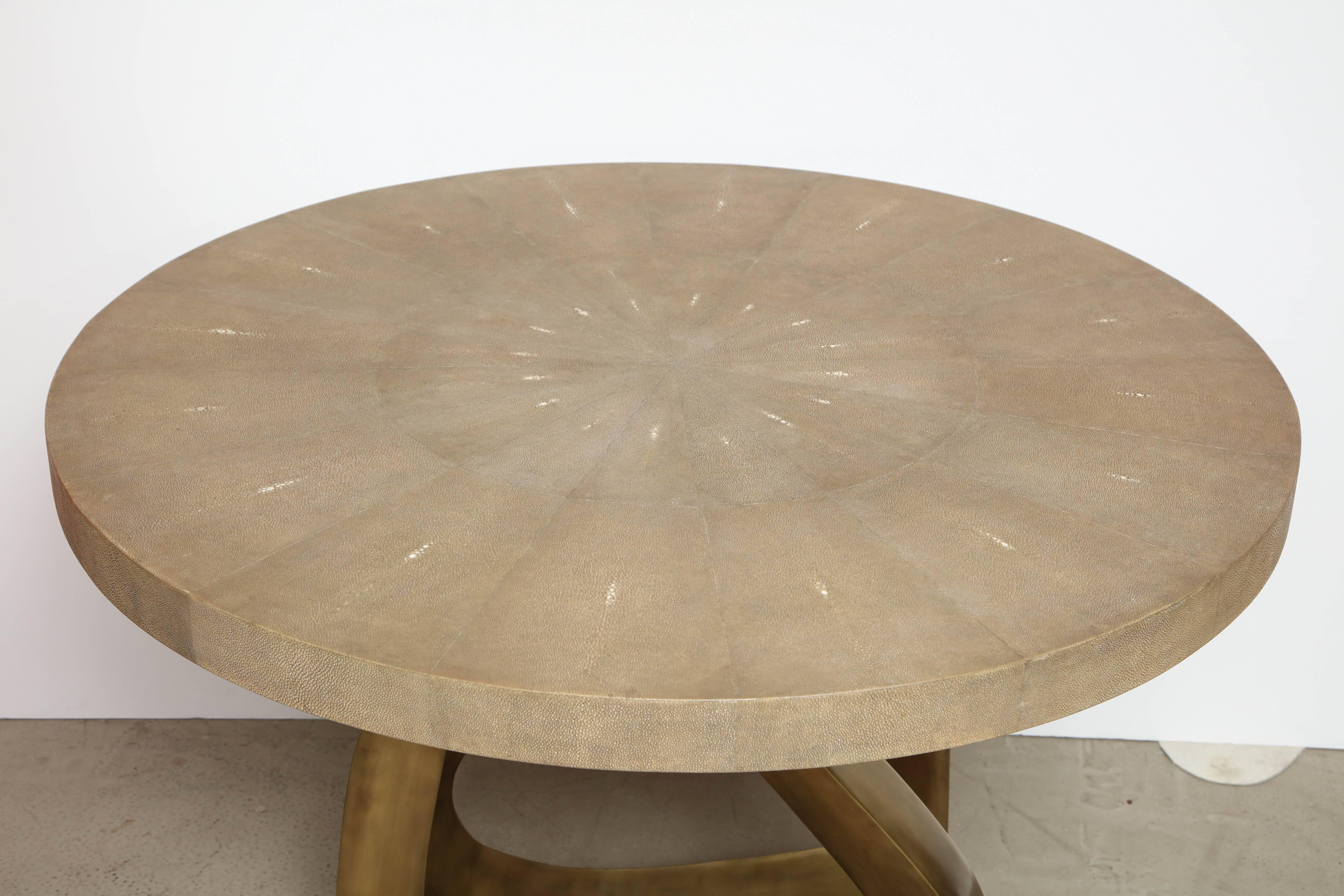 Decorative shagreen breakfast or dining room table with brass base. Designed in France. Production time 15-16 weeks plus delivery. This table also comes in a cream shagreen.