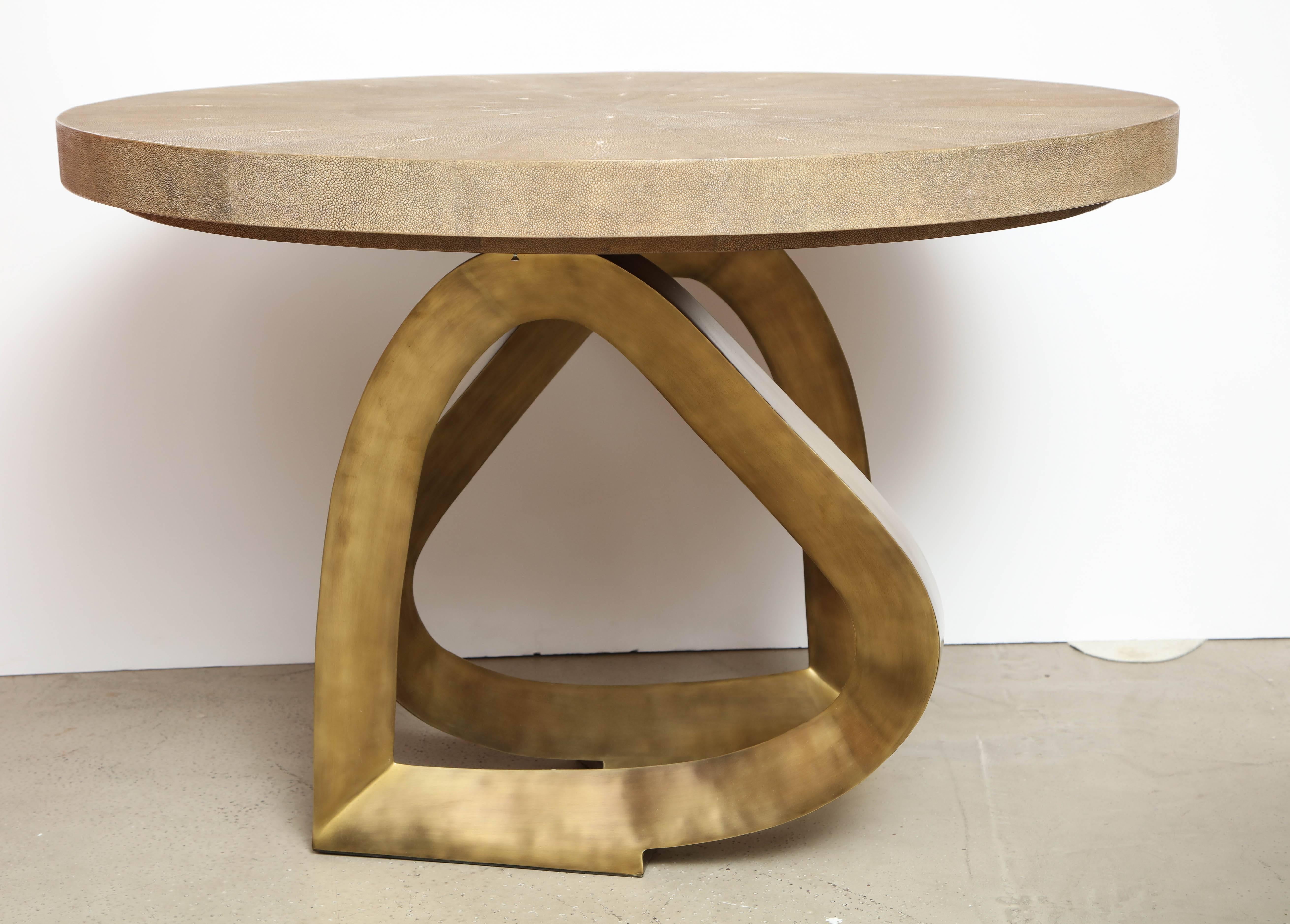 Philippine Shagreen Dining Room Table with Brass Base, Contemporary, Khaki Color Shagreen