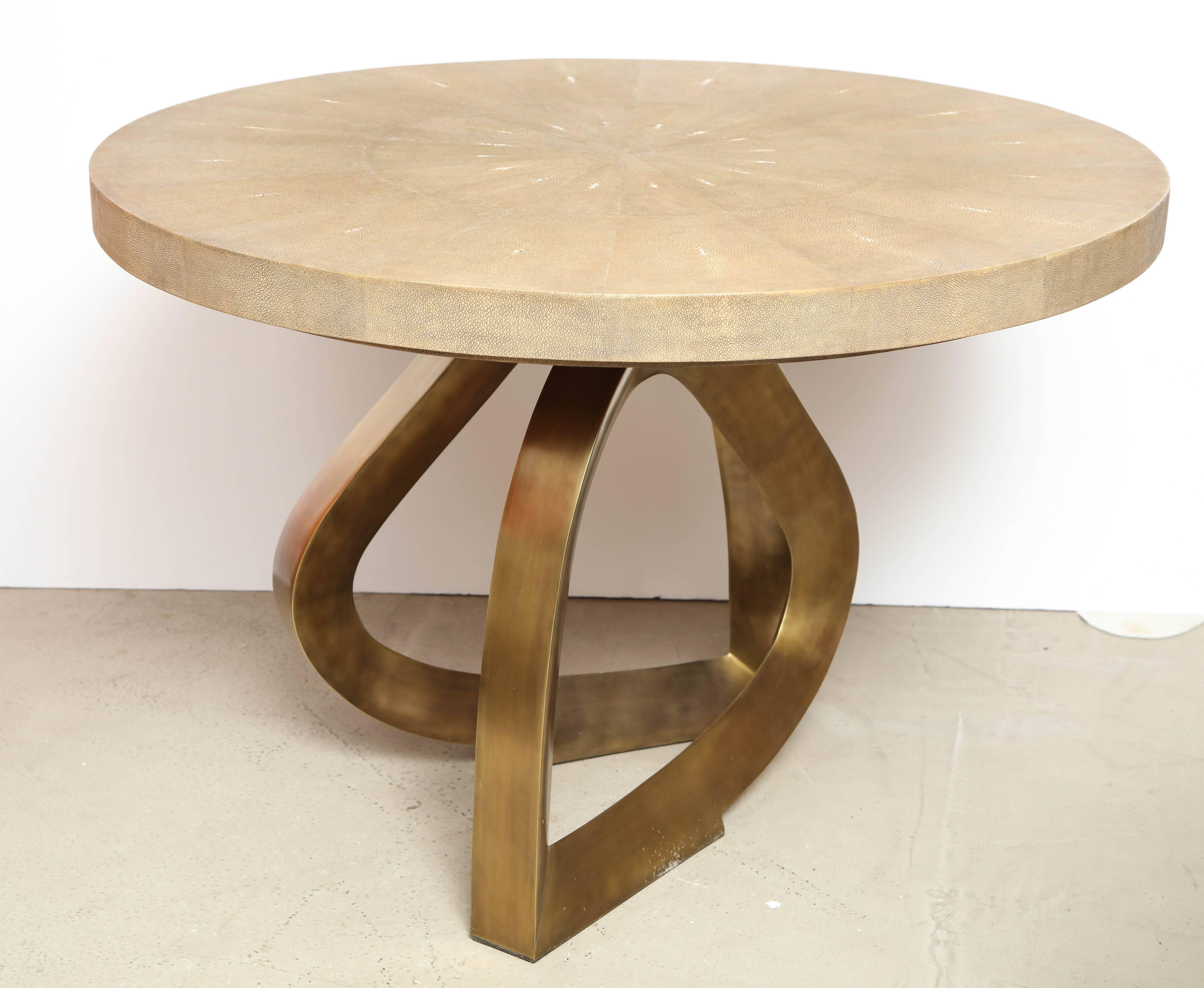 Shagreen Dining Room Table with Brass Base, Contemporary, Khaki Color Shagreen 1