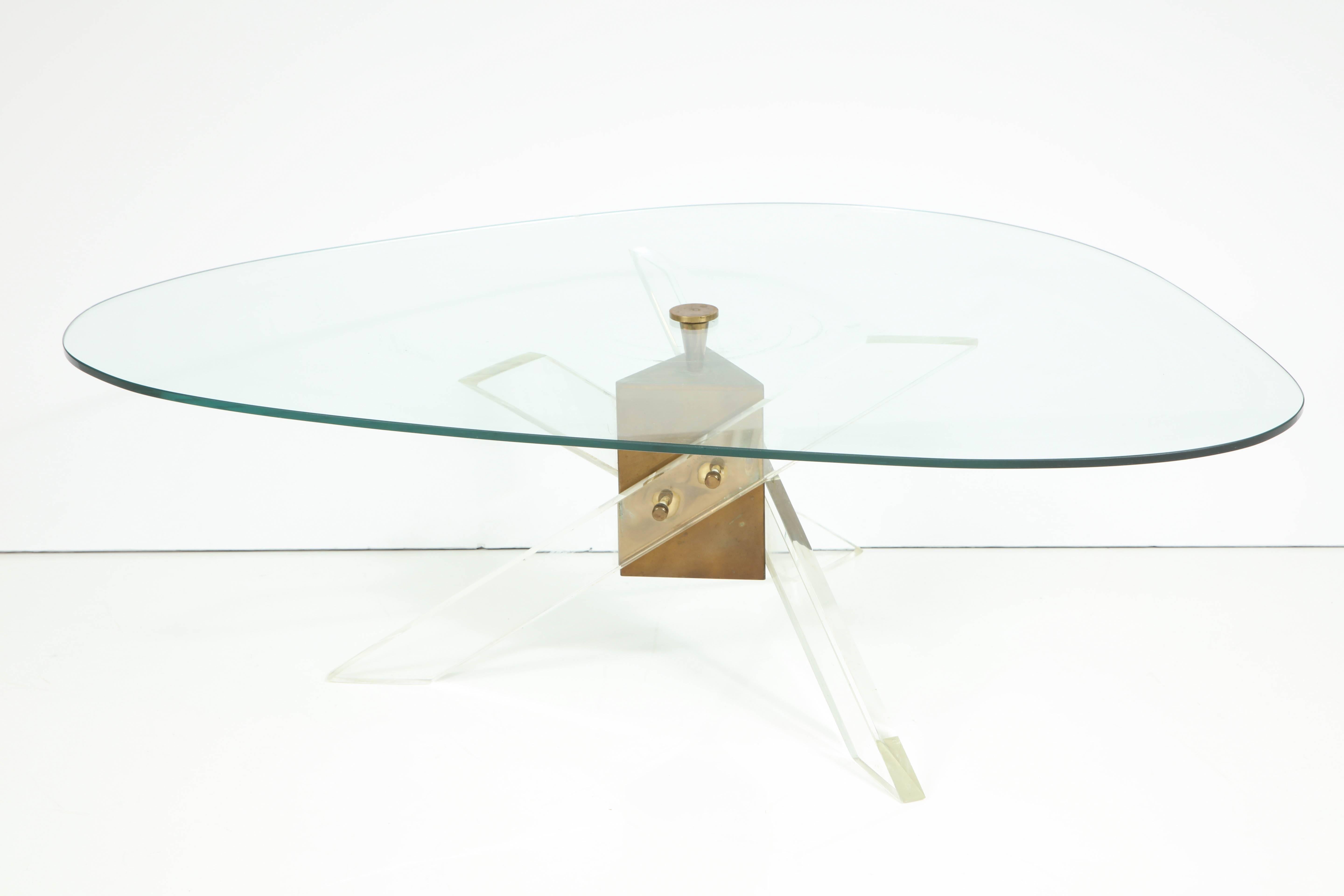 Elegant Lucite brass and glass tripod table in the manner of Charles Hollis-Jones, all original patina. Lucite is in perfect condition.