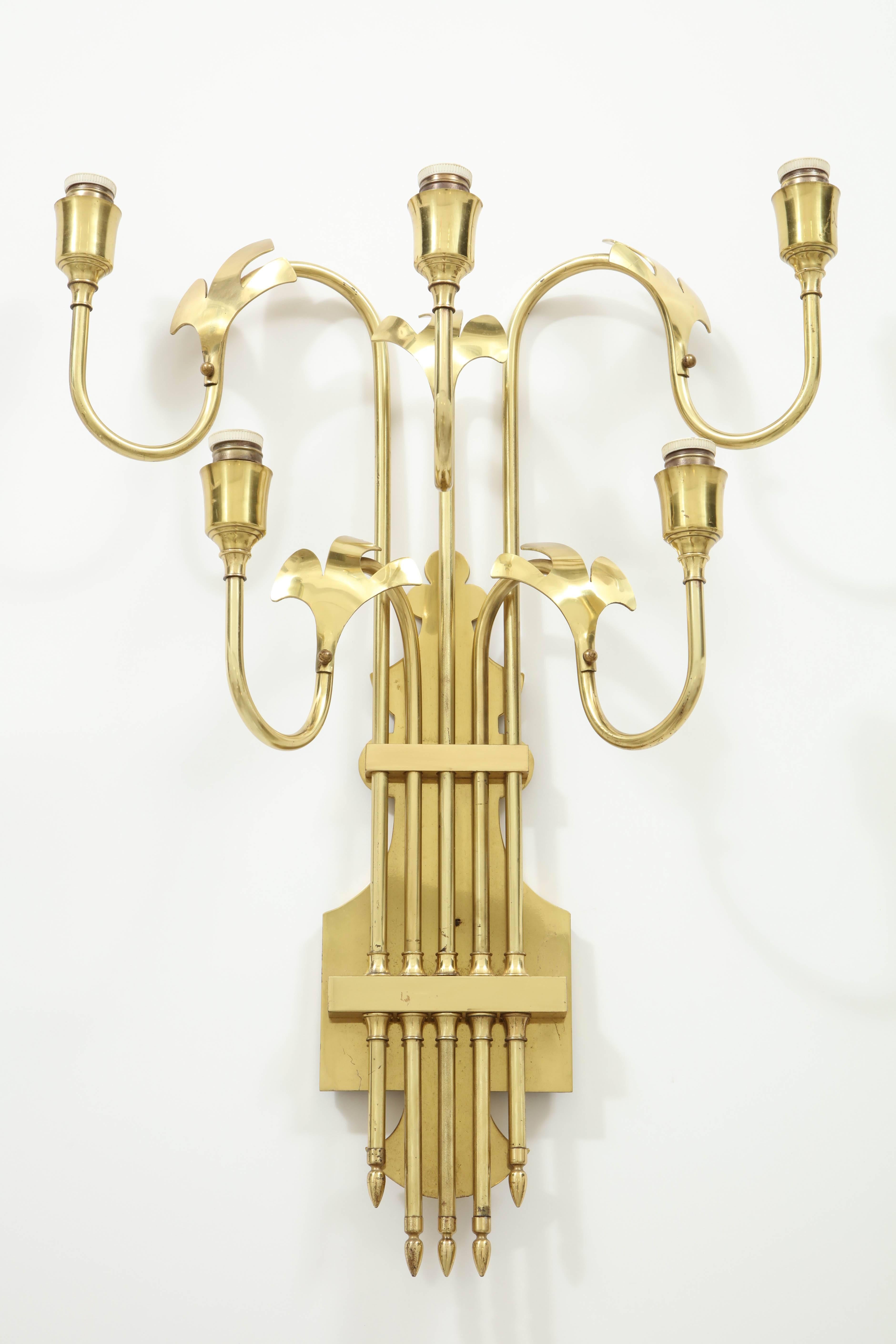 Large-scale brass Swedish sconces, five-light each. Shades can be made to order.