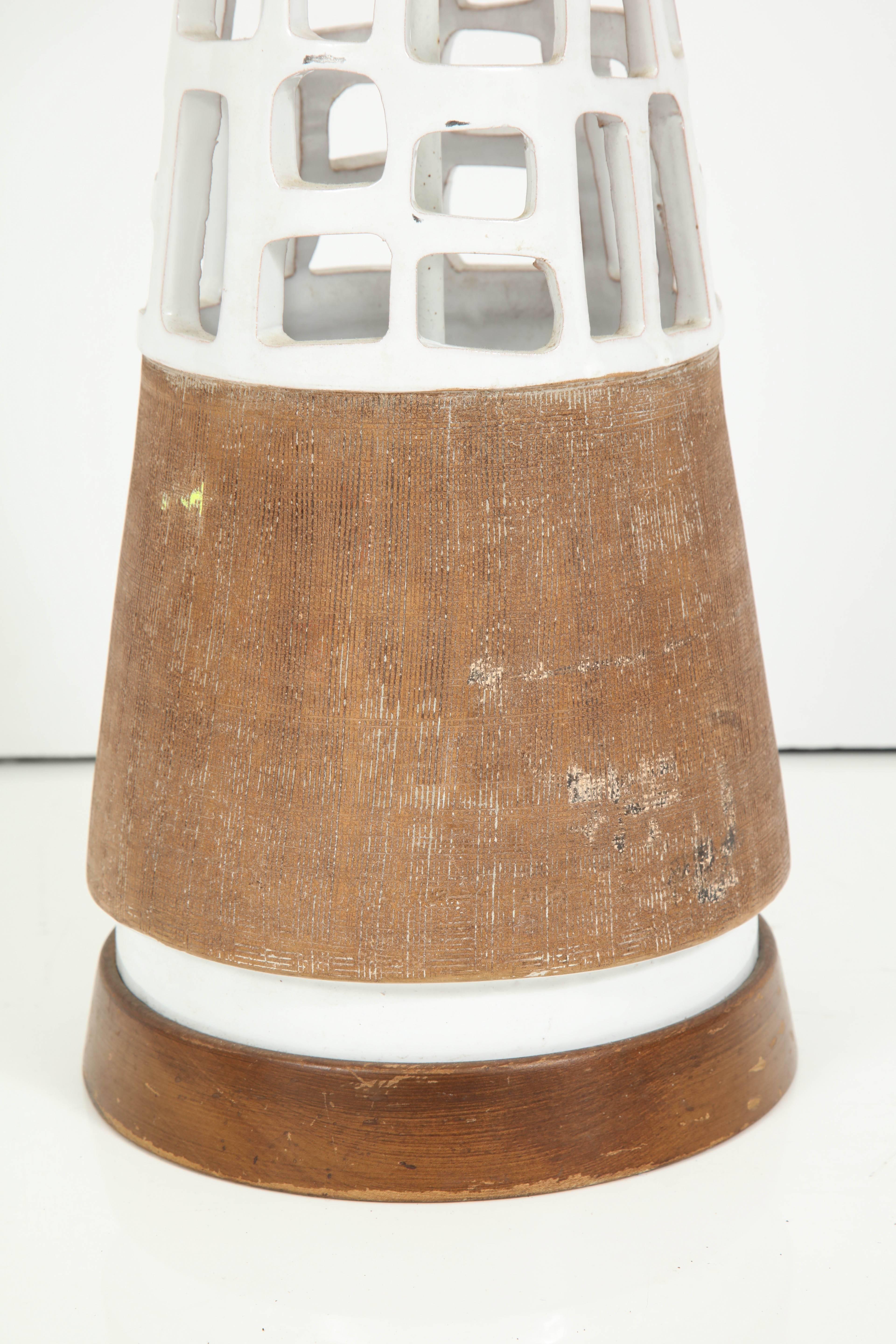 Hand-Carved Glazed and Raw Terra Cotta Lamp For Sale