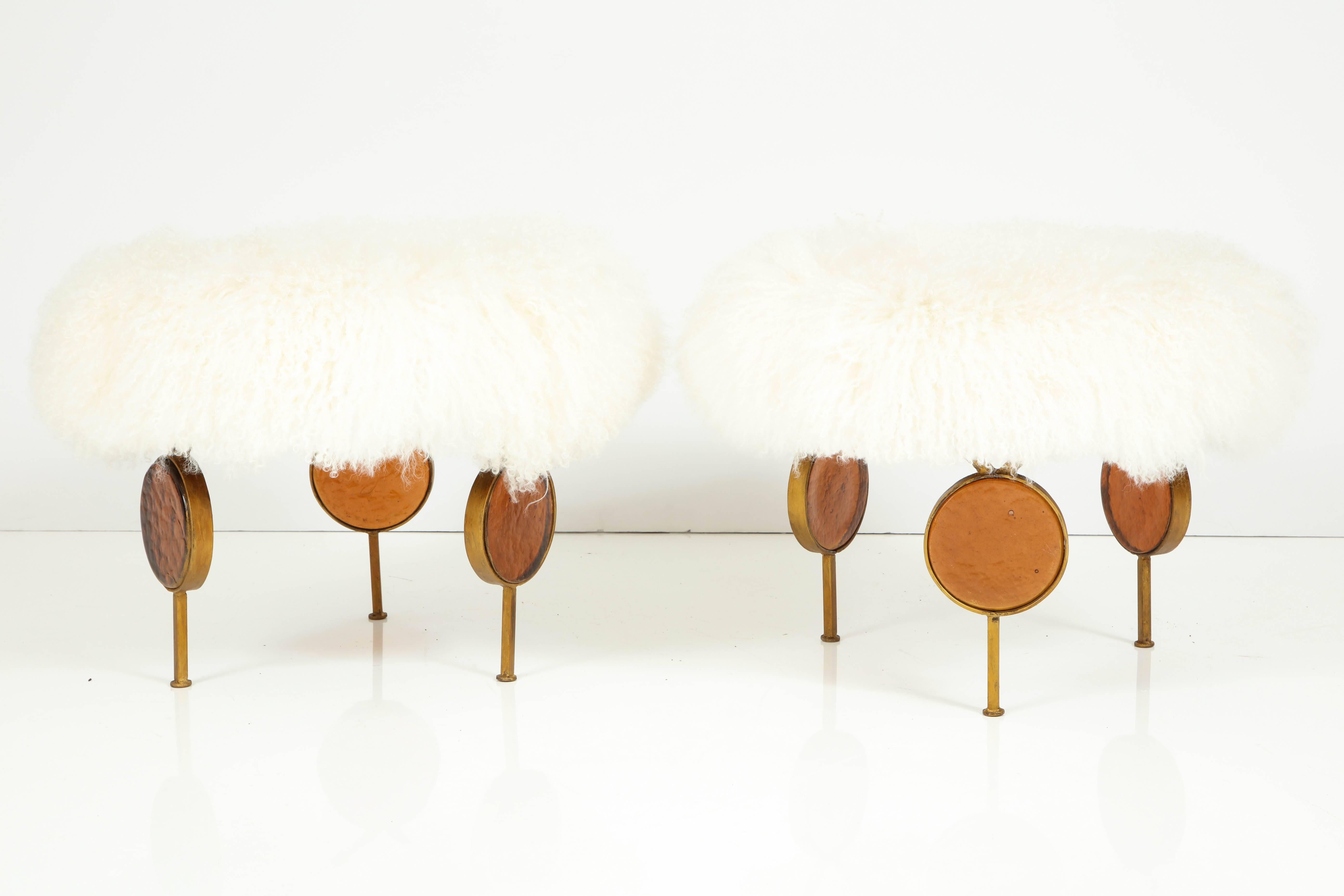 Mid-Century Modern Feders of Mexico Gilt Wrought Iron and Cast Glass Ottomans